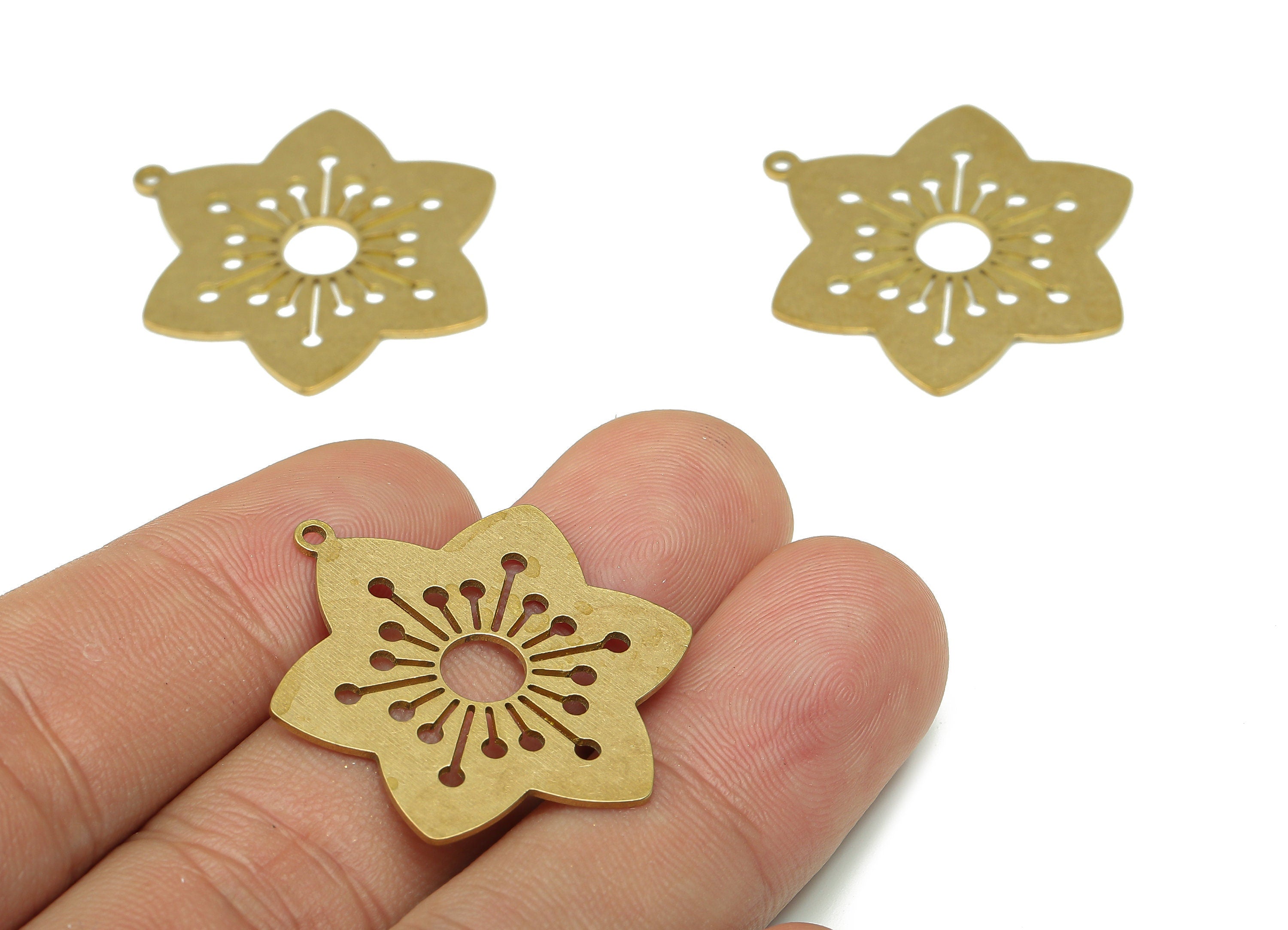 Brass Flower Earring Charms - Raw Brass Cutout Earring - Botanical Pendant With Loop - For Necklace - 31.85x25.85x0.68mm - PPA5465 - DOMEDBAZAAR