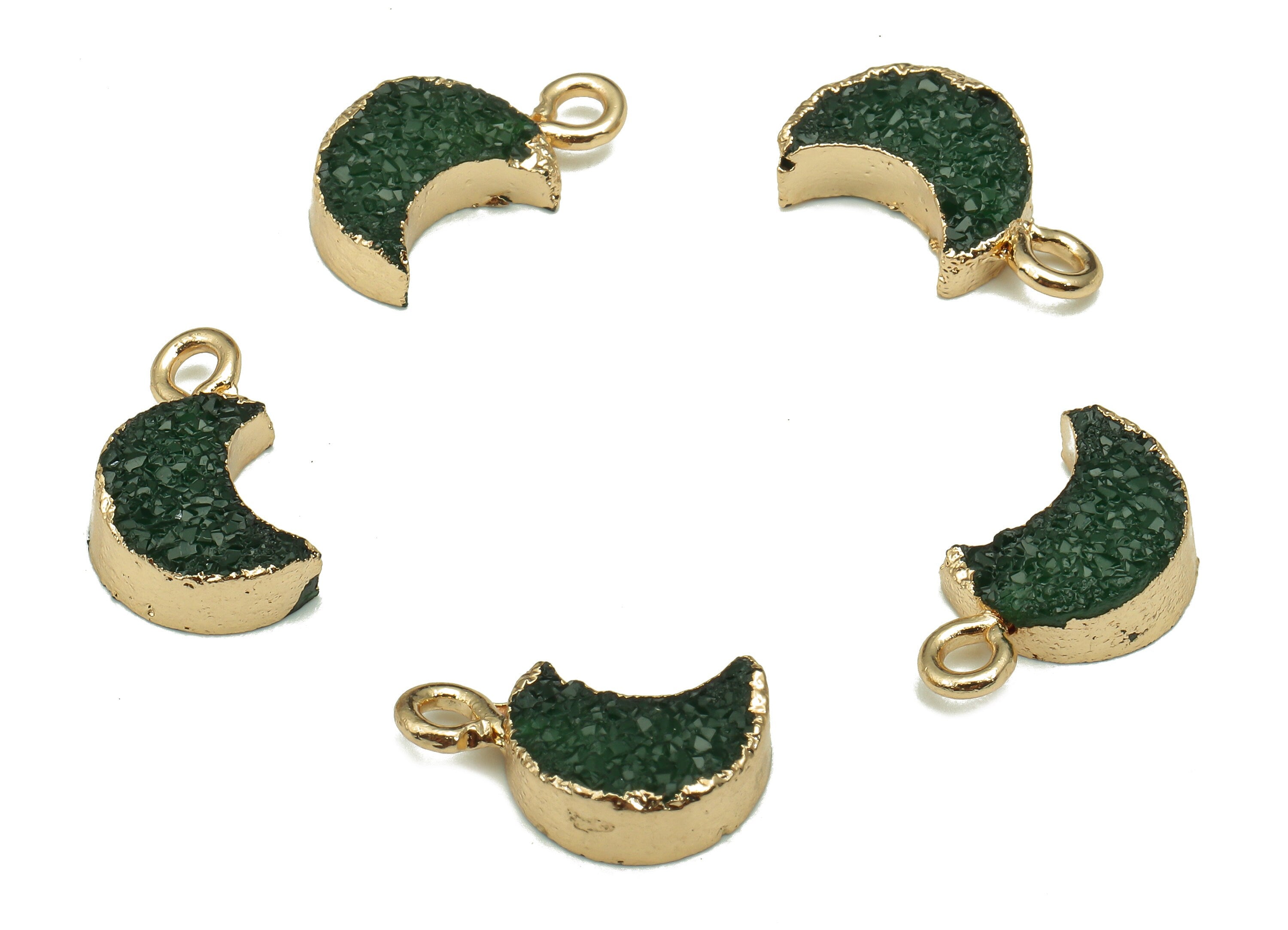 Druzy Crescent Earring Charms - Brass Green Resin Earrings - Moon Pendant With Loop - Gold Tone Plating - 14.02x8.13x3.88mm - RC1213B - DOMEDBAZAAR