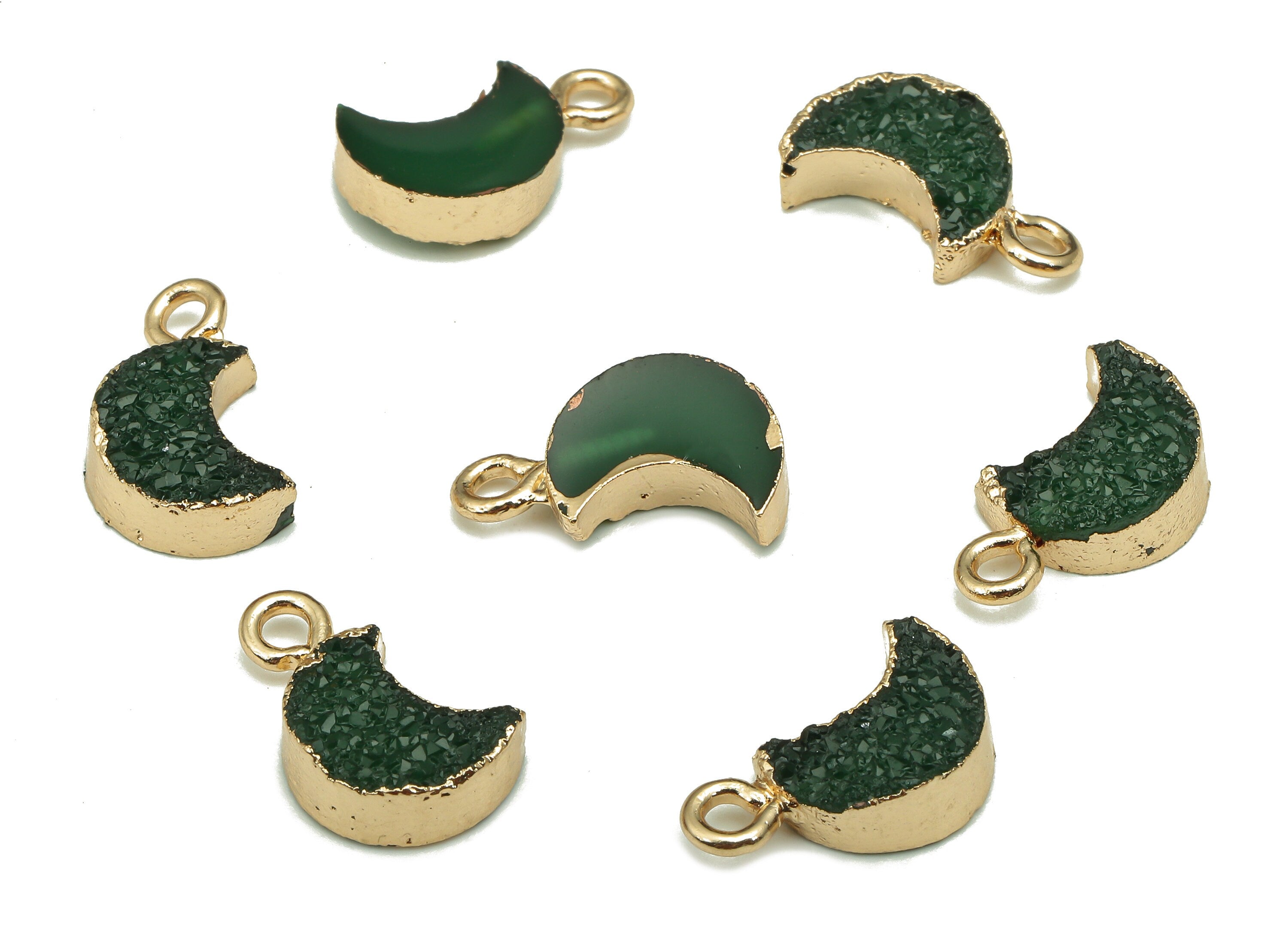 Druzy Crescent Earring Charms - Brass Green Resin Earrings - Moon Pendant With Loop - Gold Tone Plating - 14.02x8.13x3.88mm - RC1213B - DOMEDBAZAAR