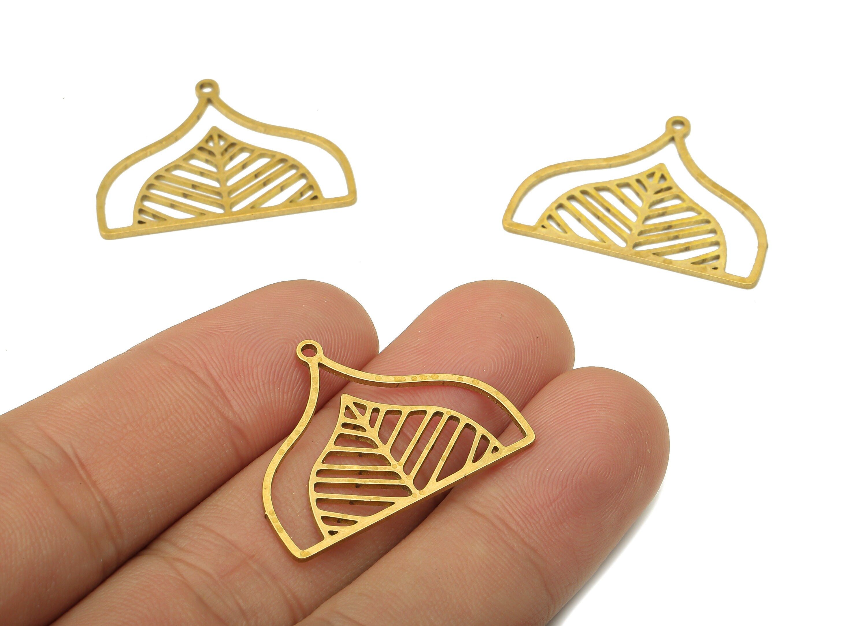 Brass Domed Leaf Earring Charms - Raw Brass Domed Pendant With Loop - For Necklace - Nervure Earring Charm - 29.73x22.19x0.86mm - PPA5310 - DOMEDBAZAAR