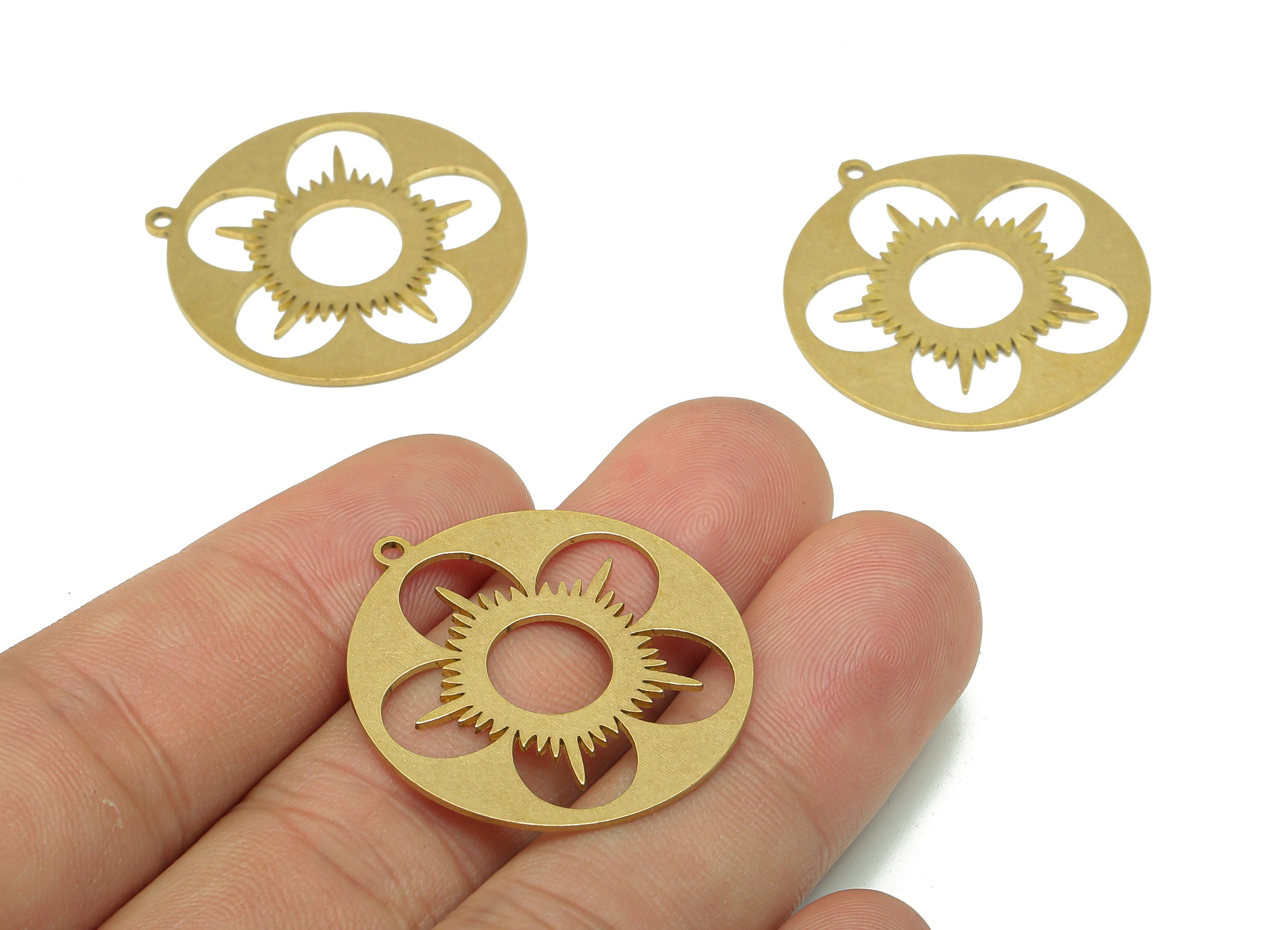 Brass Round Earring Charm - Raw Brass Cutout Earring - Circle Pendant With Loop - Flower Botanical For Necklace - 31.9x29.6x0.7mm - PPA5119 - DOMEDBAZAAR