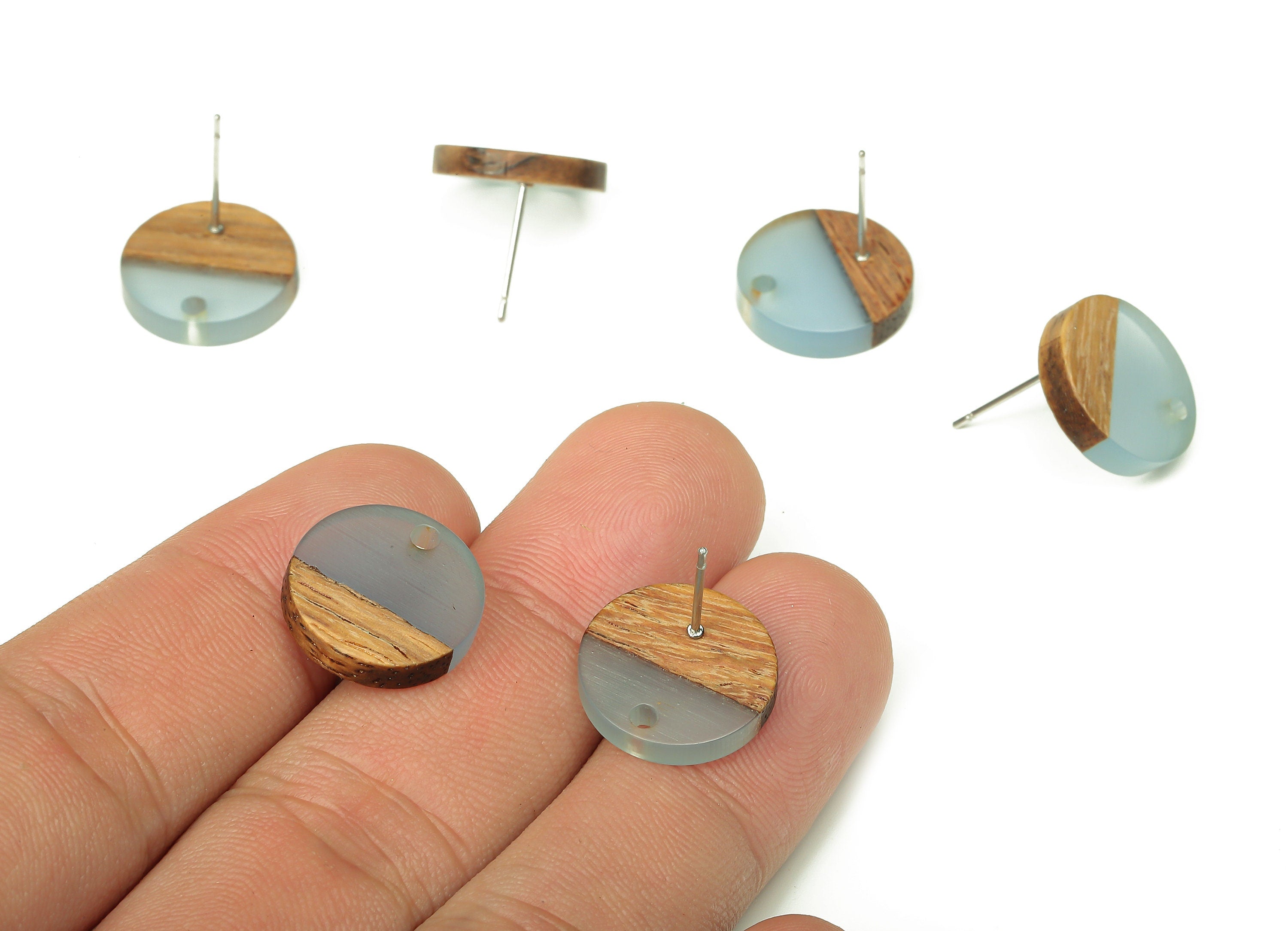 Natural Wooden Round Earring Stud - Walnut Wood Light Blue Resin Circle Earring Post - 316 Stainless Steel Stud - 15.1x15.1x3.11mm - BB1250A - DOMEDBAZAAR