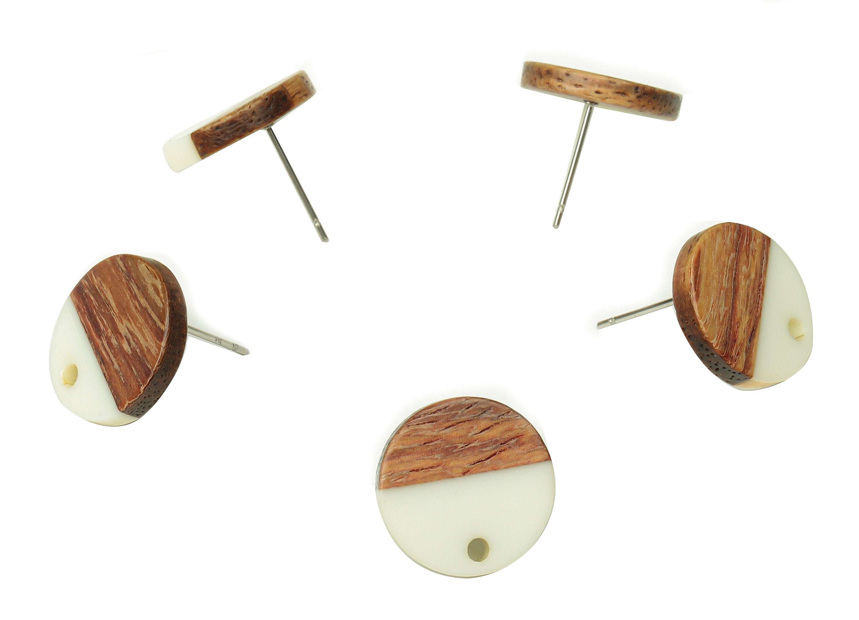 Natural Wooden Round Earring Stud - Walnut Wood White Resin Circle Earring Post - 316 Stainless Steel Stud - 15.05x15.05x3.11mm - BB1250C - DOMEDBAZAAR