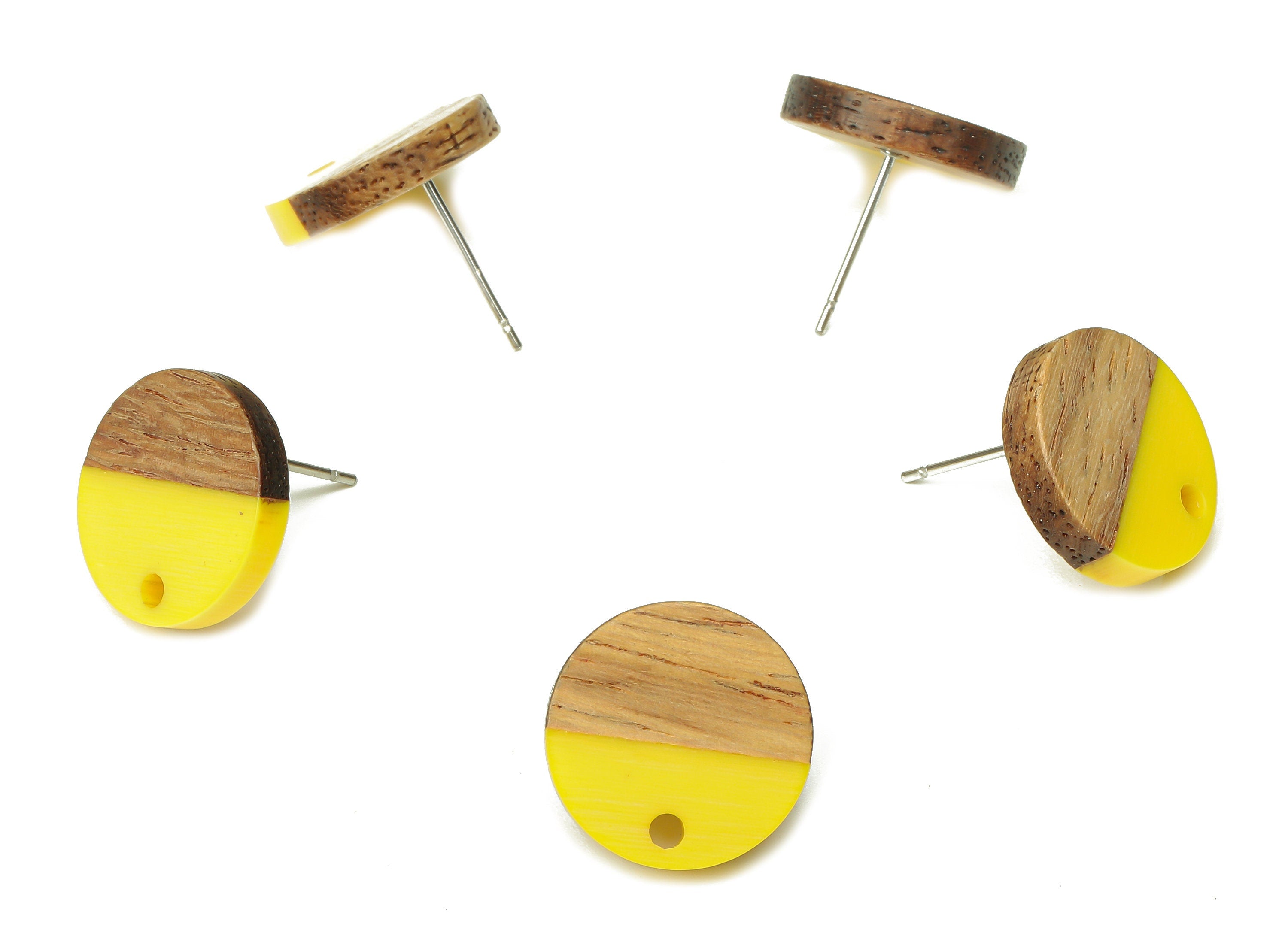 Natural Wooden Round Earring Stud - Walnut Wood Yellow Resin Circle Earring Post - 316 Stainless Steel Stud - 15.05x15.05x3.11mm - BB1250E - DOMEDBAZAAR