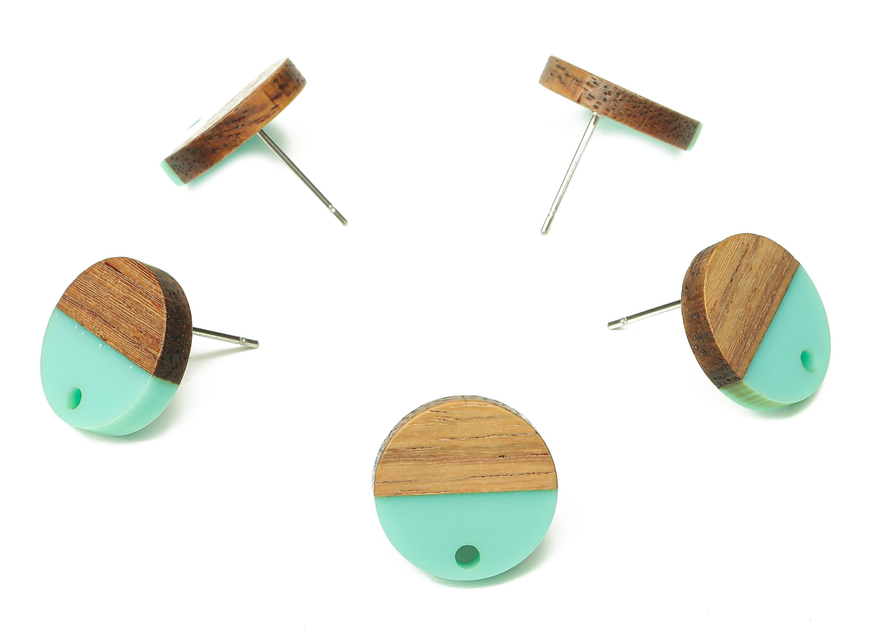 Natural Wooden Round Earring Stud - Walnut Wood Aqua Resin Circle Earring Post - 316 Stainless Steel Stud - 15.05x15.05x3.11mm - BB1250J - DOMEDBAZAAR