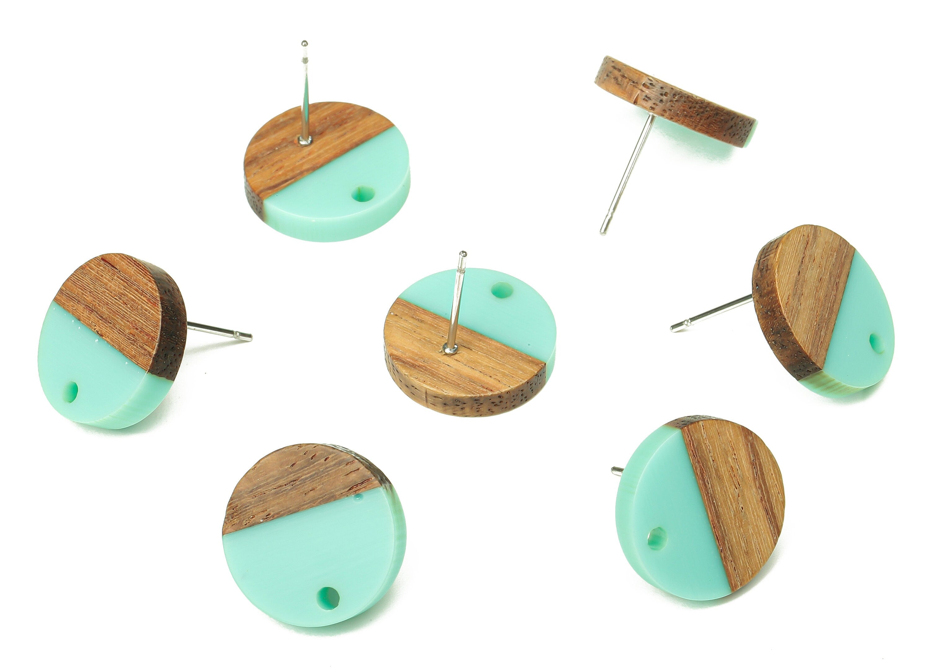 Natural Wooden Round Earring Stud - Walnut Wood Aqua Resin Circle Earring Post - 316 Stainless Steel Stud - 15.05x15.05x3.11mm - BB1250J - DOMEDBAZAAR