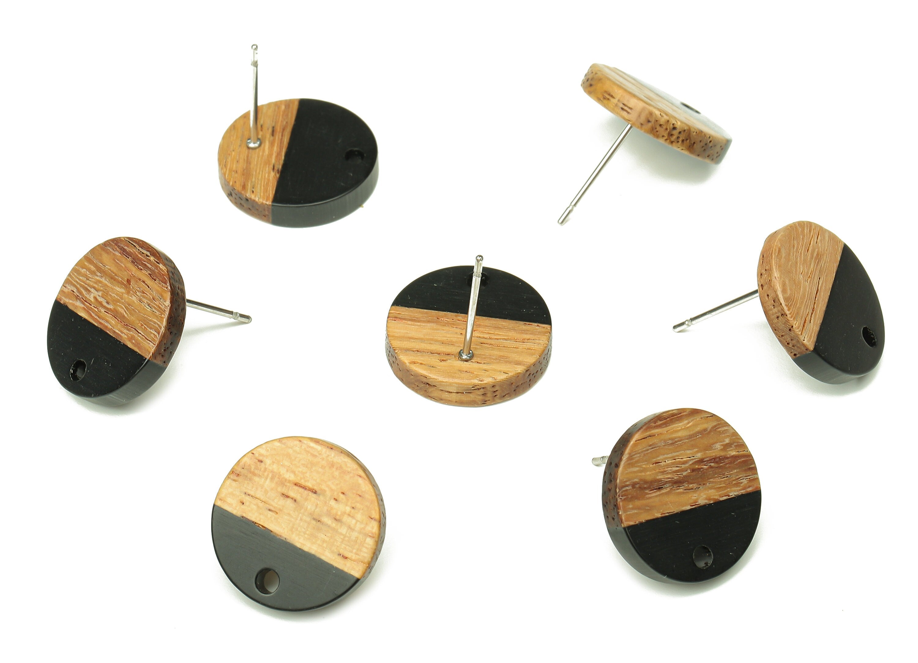 Natural Wooden Round Earring Stud - Walnut Wood Black Resin Circle Earring Post - 316 Stainless Steel Stud - 15.05x15.05x3.11mm - BB1250M - DOMEDBAZAAR