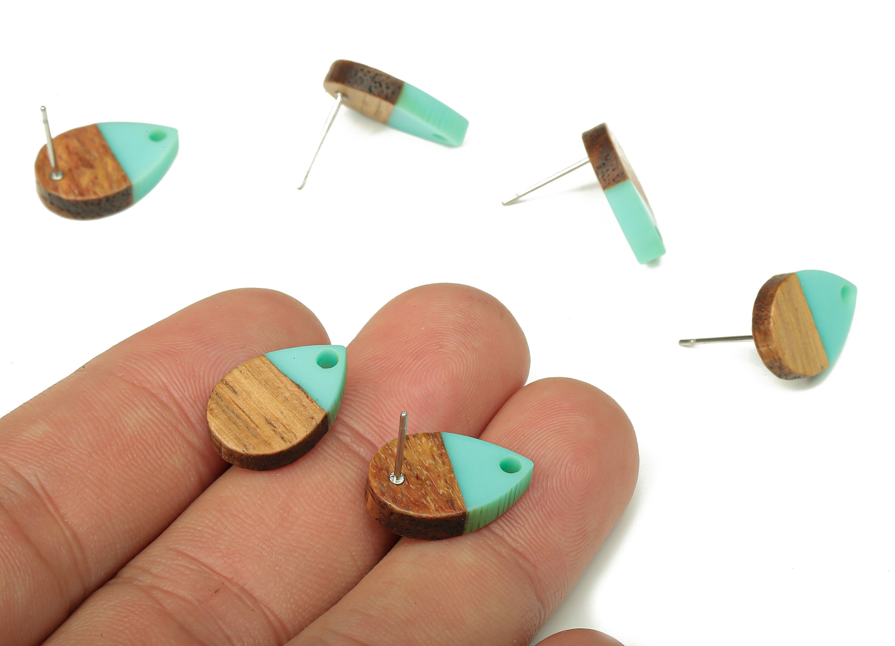 Natural Wooden Drop Earring Stud - Walnut Wood Aqua Resin Teardrop Earring Post - 316 Stainless Steel Stud - 16.7x11.06x3.21mm - BB1251A - DOMEDBAZAAR