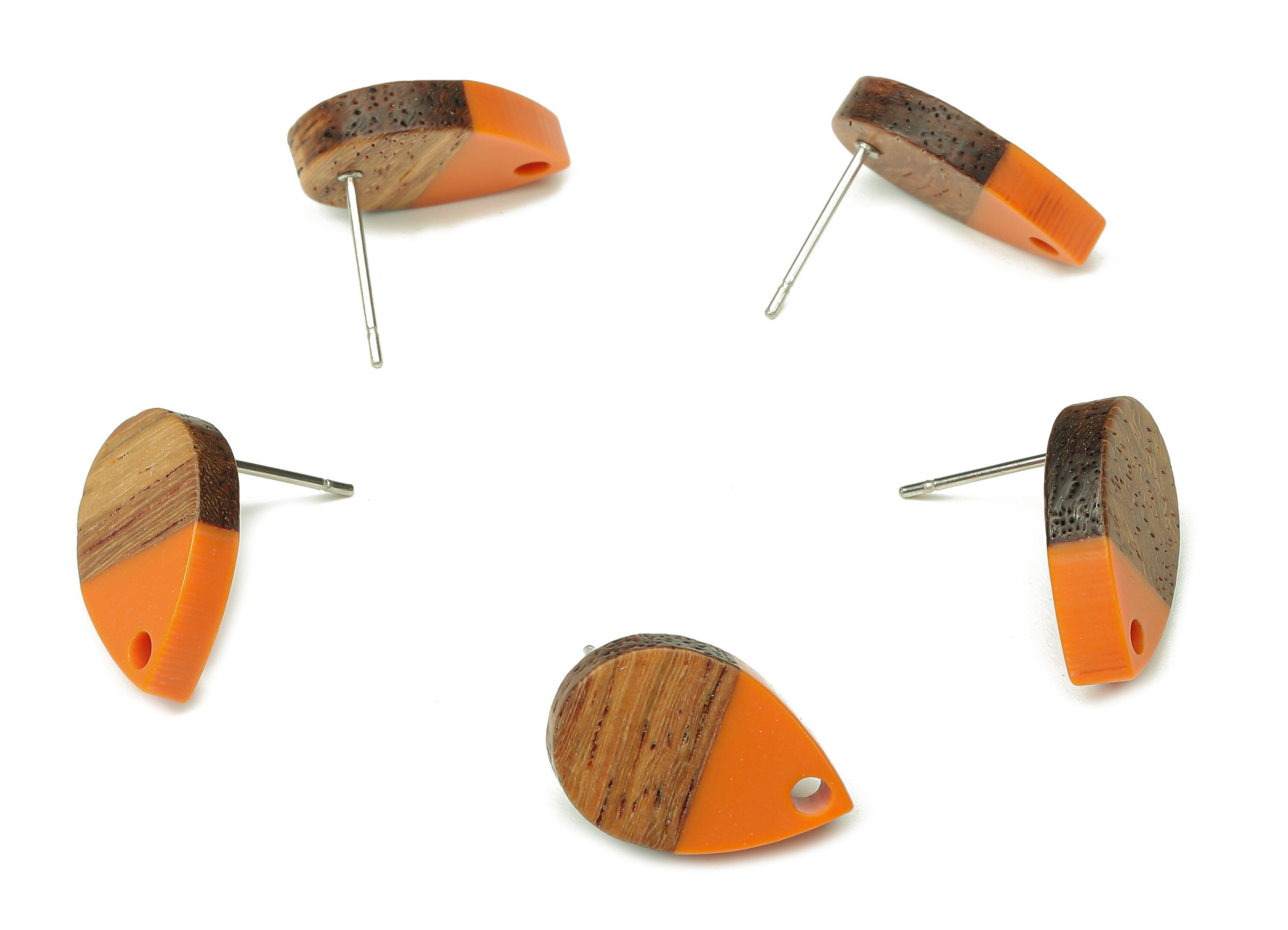 Natural Wooden Drop Earring Stud - Walnut Wood Orange Resin Teardrop Earring Post - 316 Stainless Steel Stud - 16.7x11.06x3.21mm - BB1251B - DOMEDBAZAAR