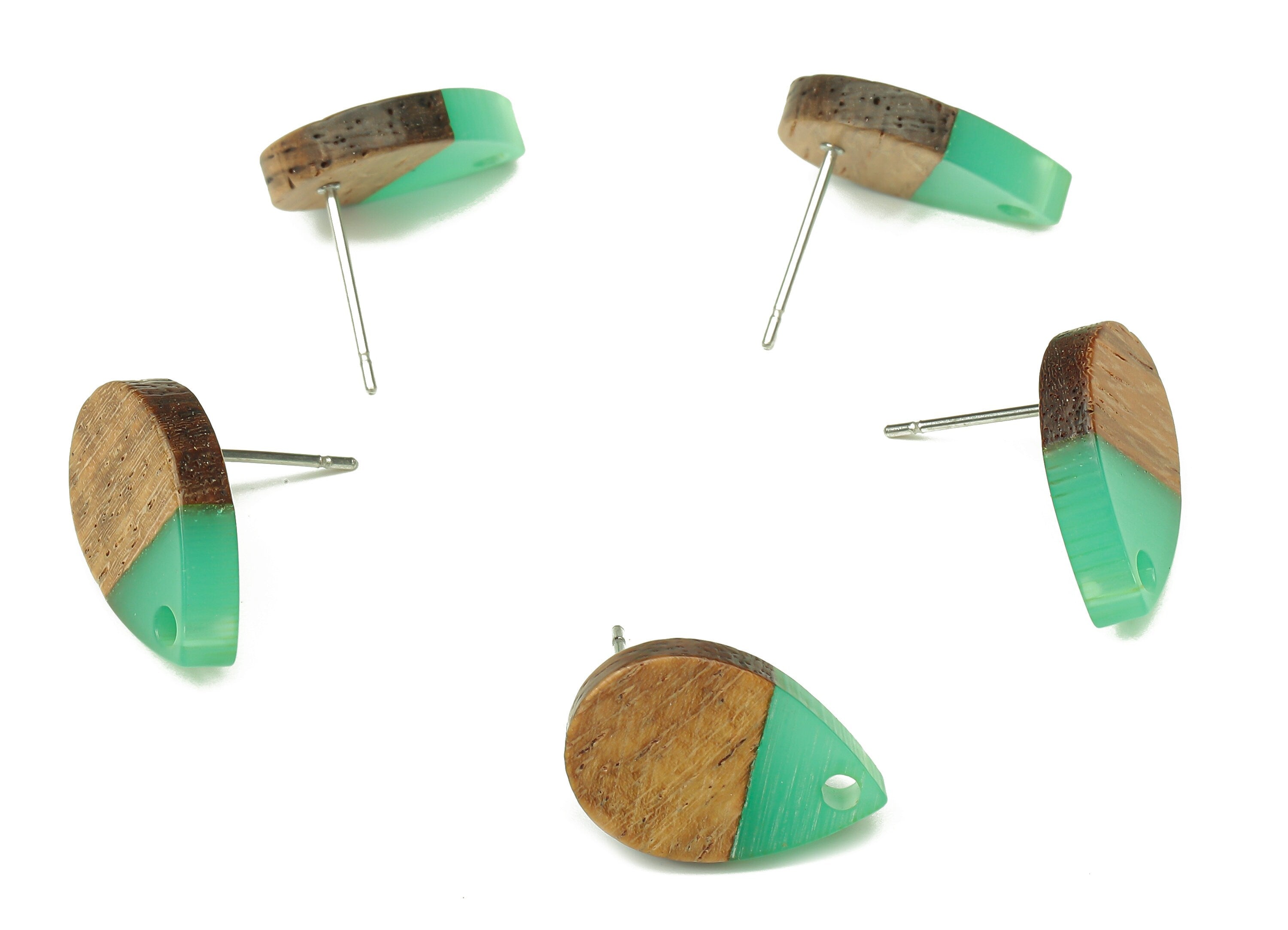 Natural Wooden Drop Earring Stud - Walnut Wood Green Resin Teardrop Earring Post - 316 Stainless Steel Stud - 16.7x11.06x3.21mm - BB1251C - DOMEDBAZAAR