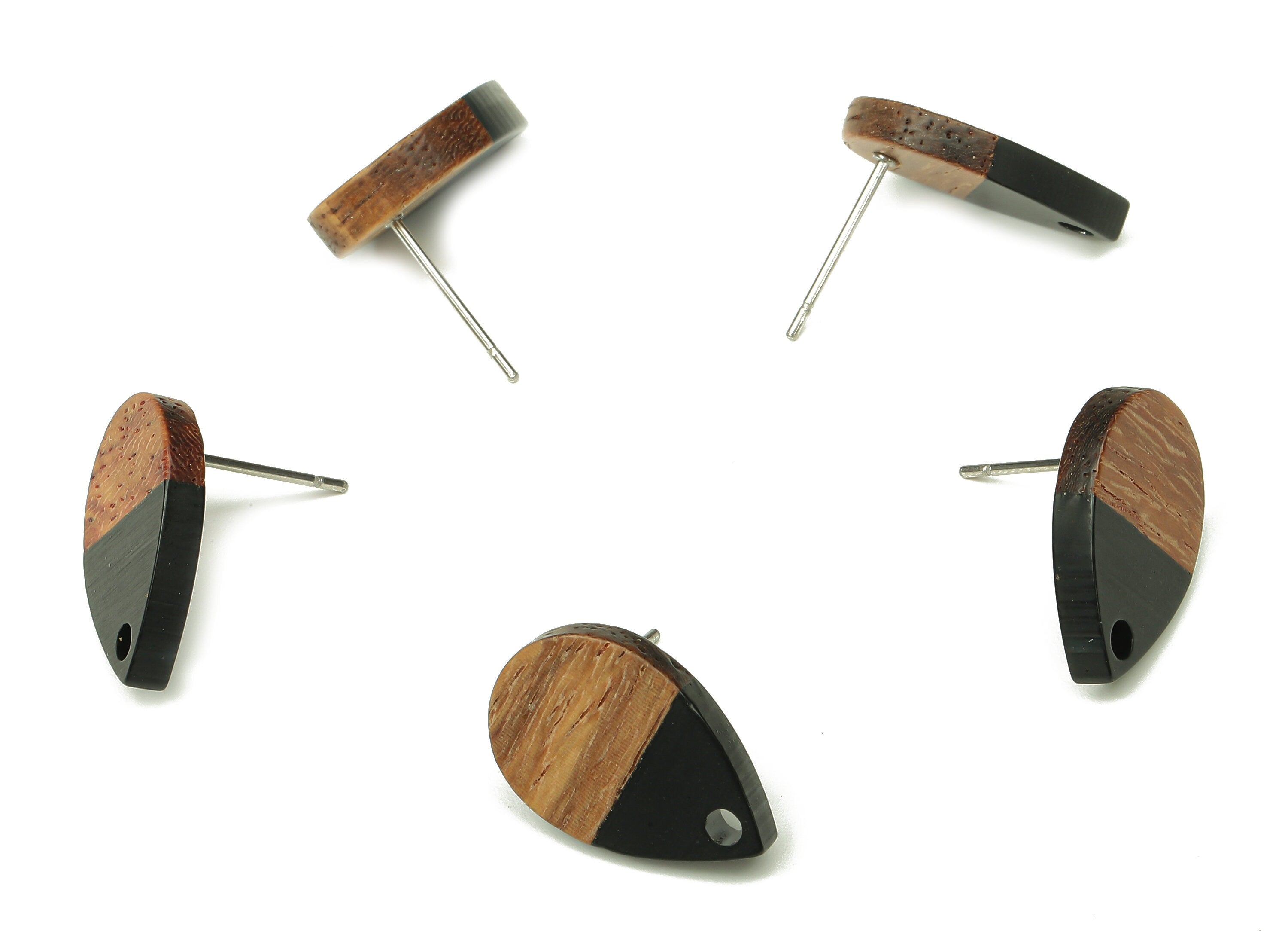 Natural Wooden Drop Earring Stud - Walnut Wood Black Resin Teardrop Earring Post - 316 Stainless Steel Stud - 16.7x11.06x3.21mm - BB1251D - DOMEDBAZAAR
