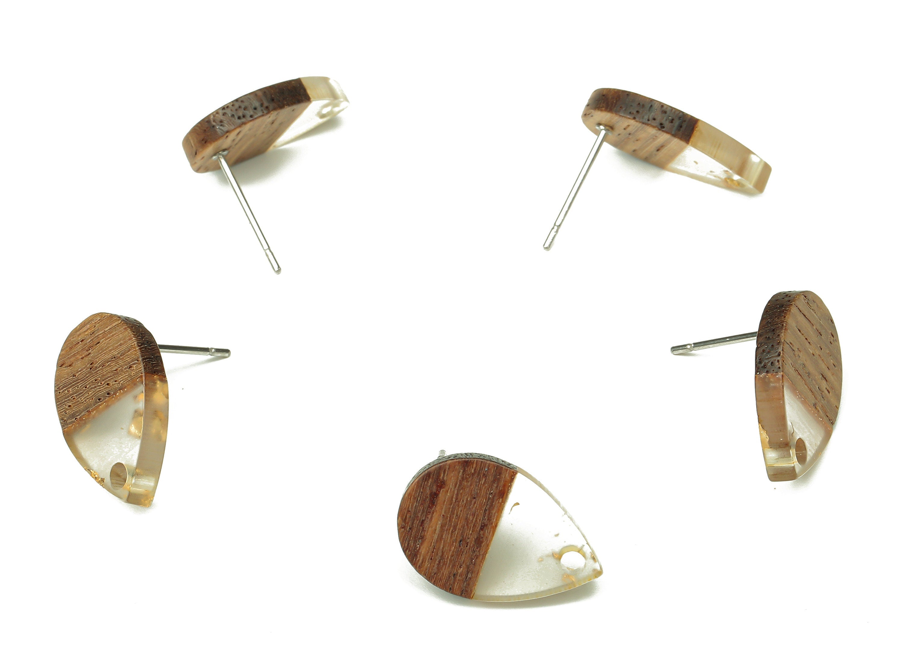 Natural Wooden Drop Earring Stud - Walnut Wood Gold Foil Clear Resin Teardrop Post - 316 Stainless Steel Stud - 16.7x11.06x3.21mm - BB1251E - DOMEDBAZAAR