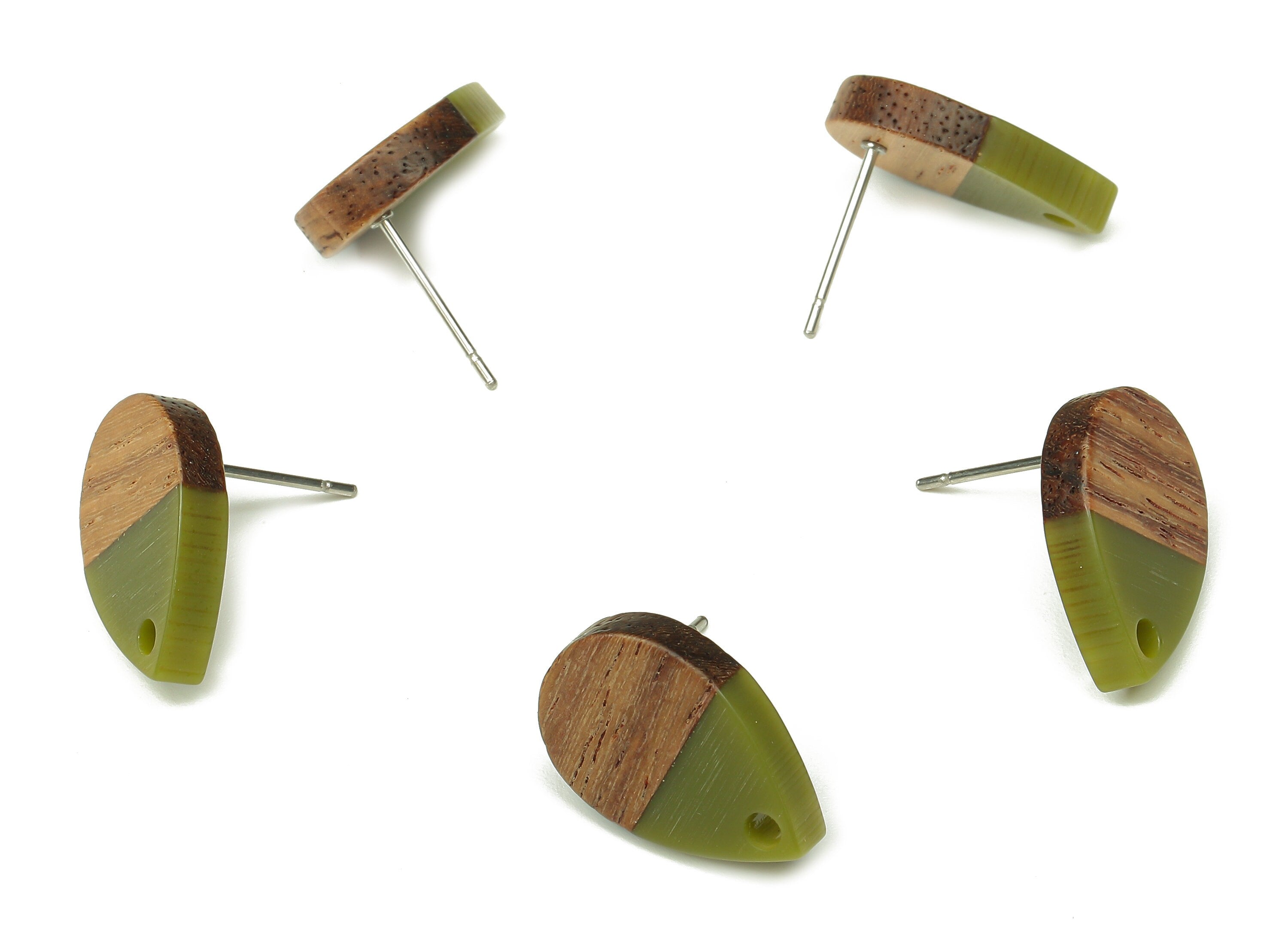Natural Wooden Drop Earring Stud - Walnut Wood Dark Green Resin Teardrop Post - 316 Stainless Steel Stud - 16.7x11.06x3.21mm - BB1251H - DOMEDBAZAAR
