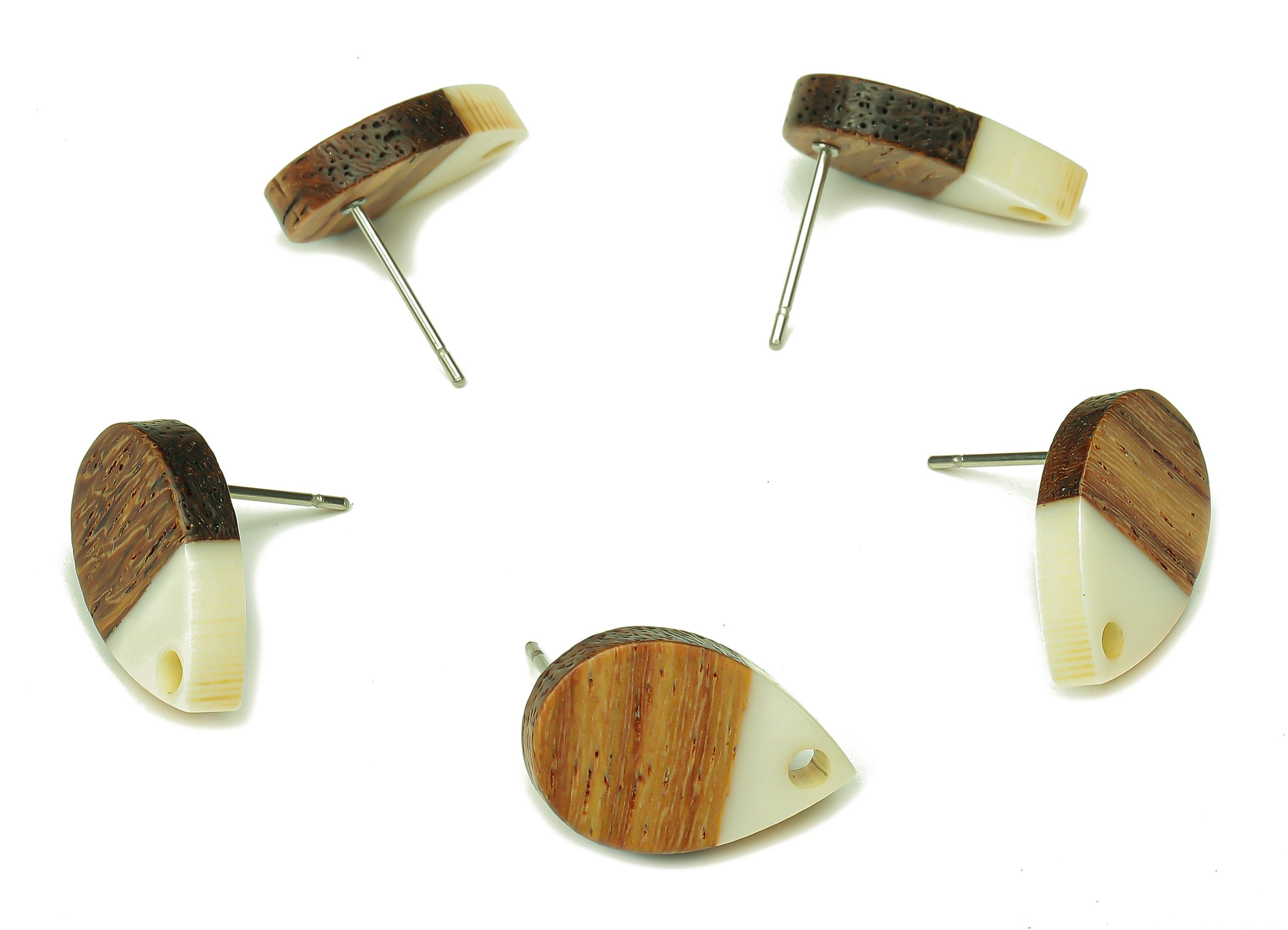 Natural Wooden Drop Earring Stud - Walnut Wood White Resin Teardrop Earring Post - 316 Stainless Steel Stud - 16.7x11.06x3.21mm - BB1251F - DOMEDBAZAAR