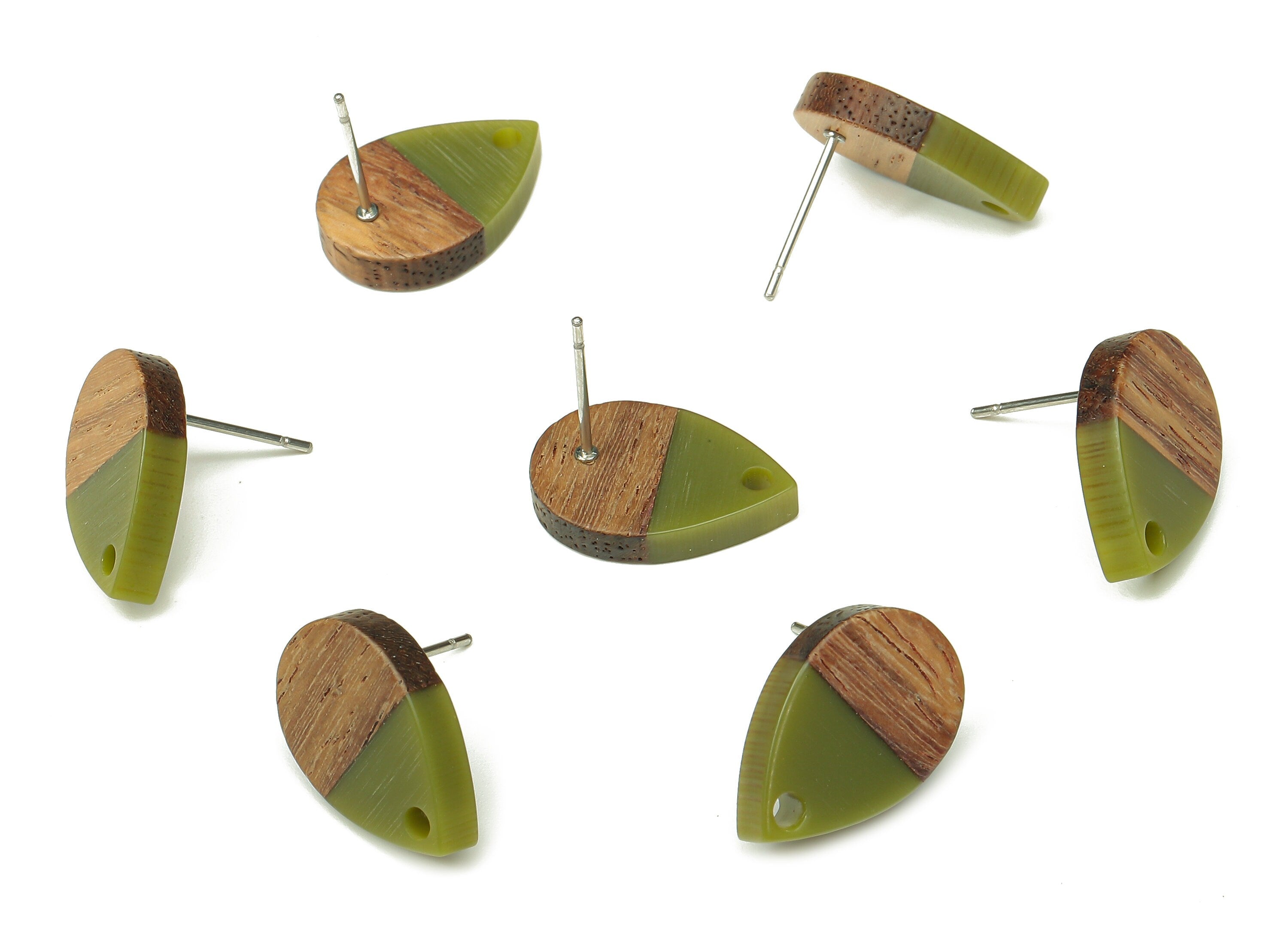Natural Wooden Drop Earring Stud - Walnut Wood Dark Green Resin Teardrop Post - 316 Stainless Steel Stud - 16.7x11.06x3.21mm - BB1251H - DOMEDBAZAAR