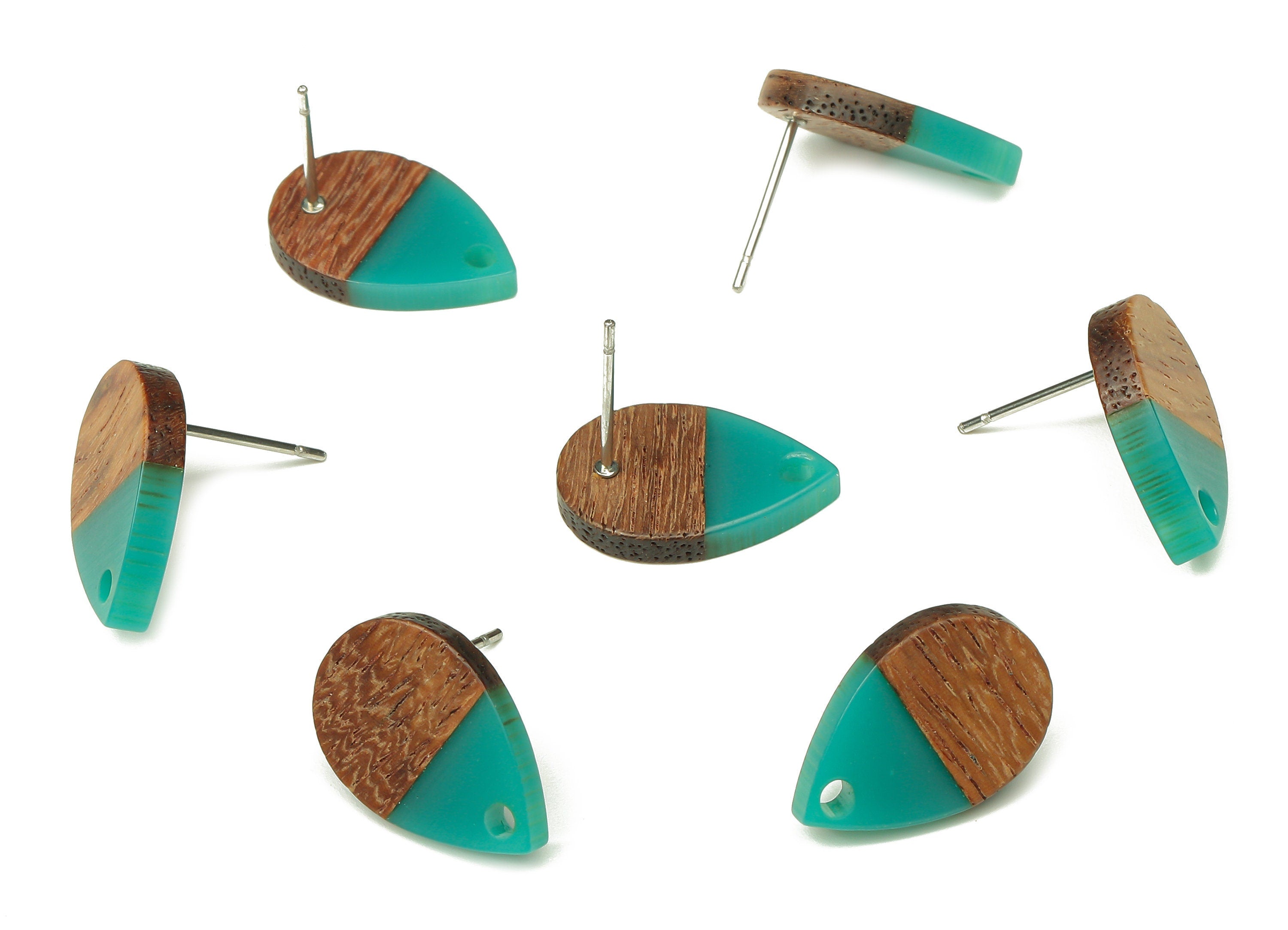 Natural Wooden Drop Earring Stud - Walnut Wood Petrol Resin Teardrop Earring Post - 316 Stainless Steel Stud - 16.7x11.06x3.21mm - BB1251K - DOMEDBAZAAR