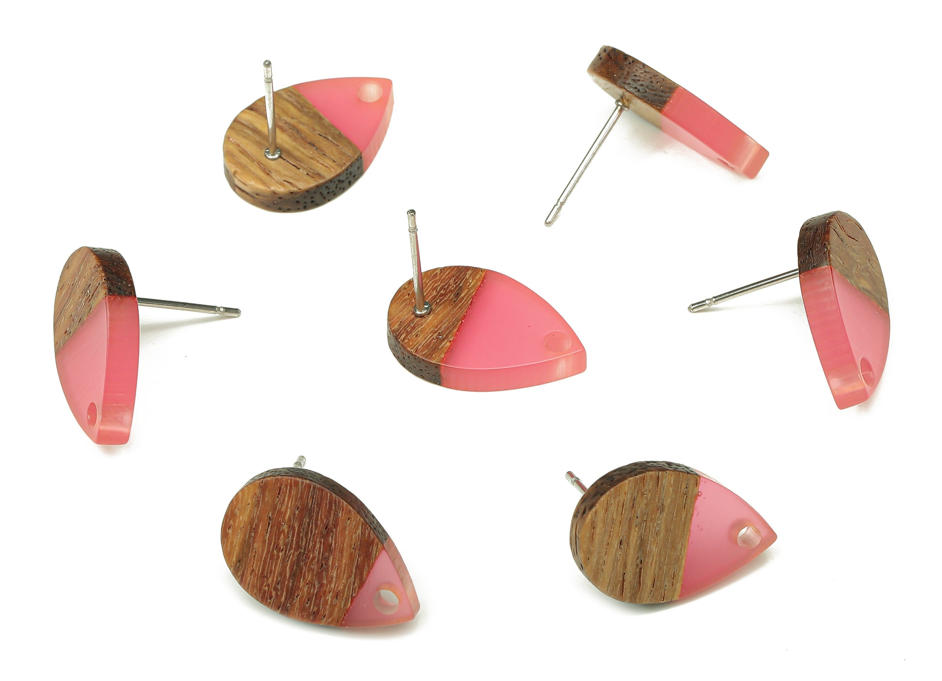Natural Wooden Drop Earring Stud - Walnut Wood Red Resin Teardrop Earring Post - 316 Stainless Steel Stud - 16.7x11.06x3.21mm - BB1251L - DOMEDBAZAAR