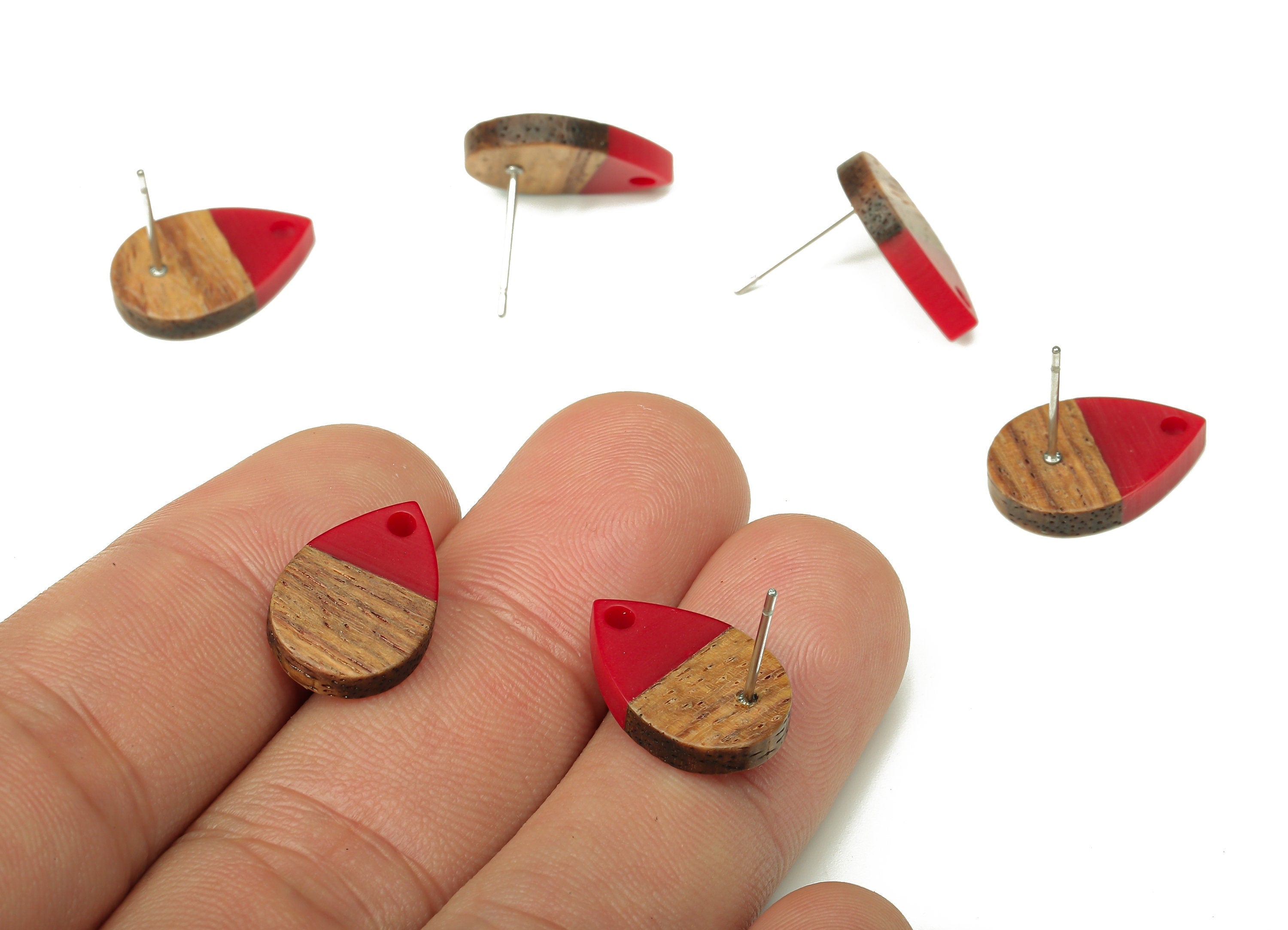 Natural Wooden Drop Earring Stud - Walnut Wood Red Resin Teardrop Earring Post - 316 Stainless Steel Stud - 16.7x11.06x3.21mm - BB1251S - DOMEDBAZAAR