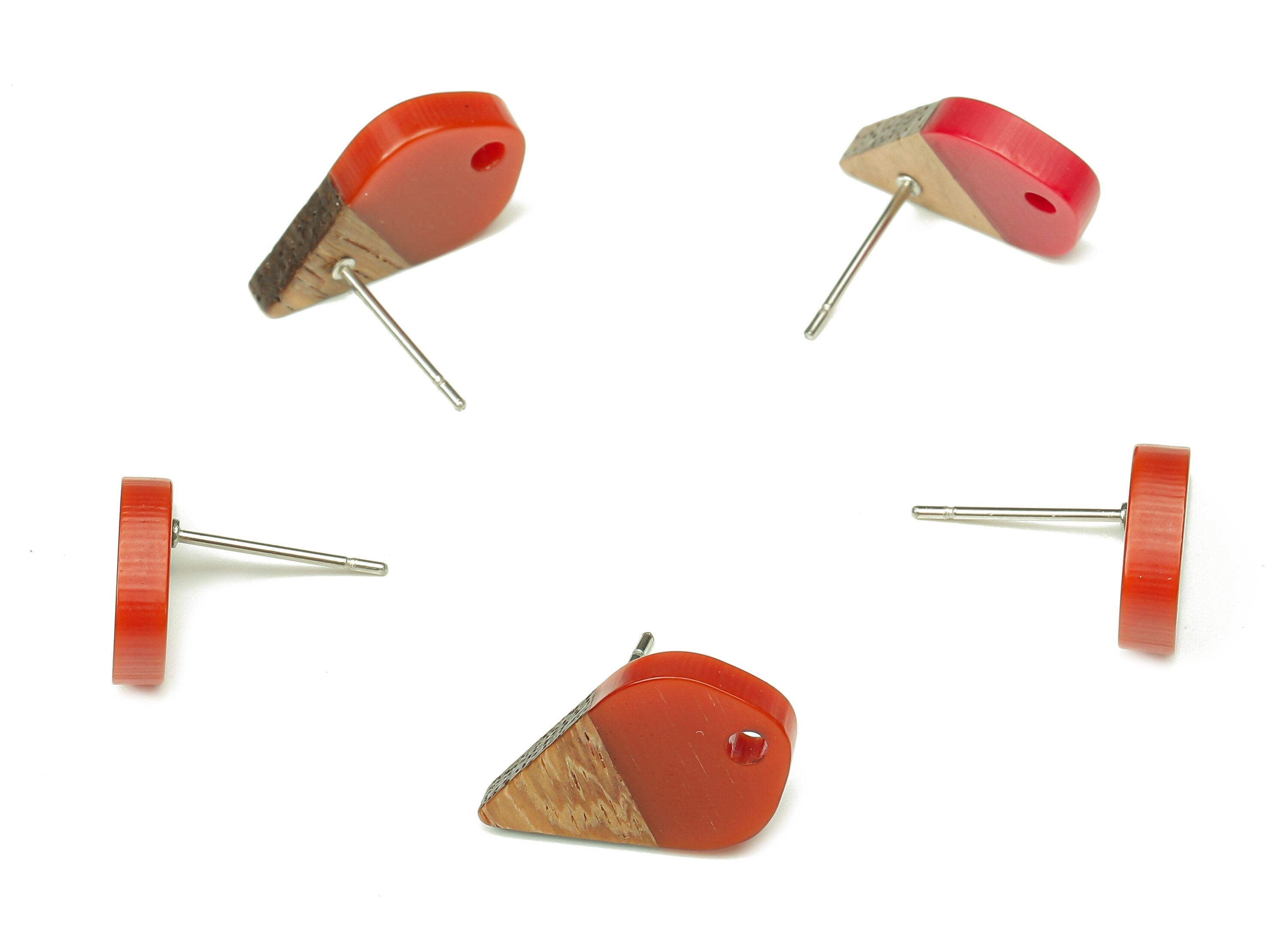 Natural Wooden Drop Earring Stud - Walnut Wood Red Resin Teardrop Earring Post - 316 Stainless Steel Stud - 17.76x10.96x2.73mm - BB1253B - DOMEDBAZAAR