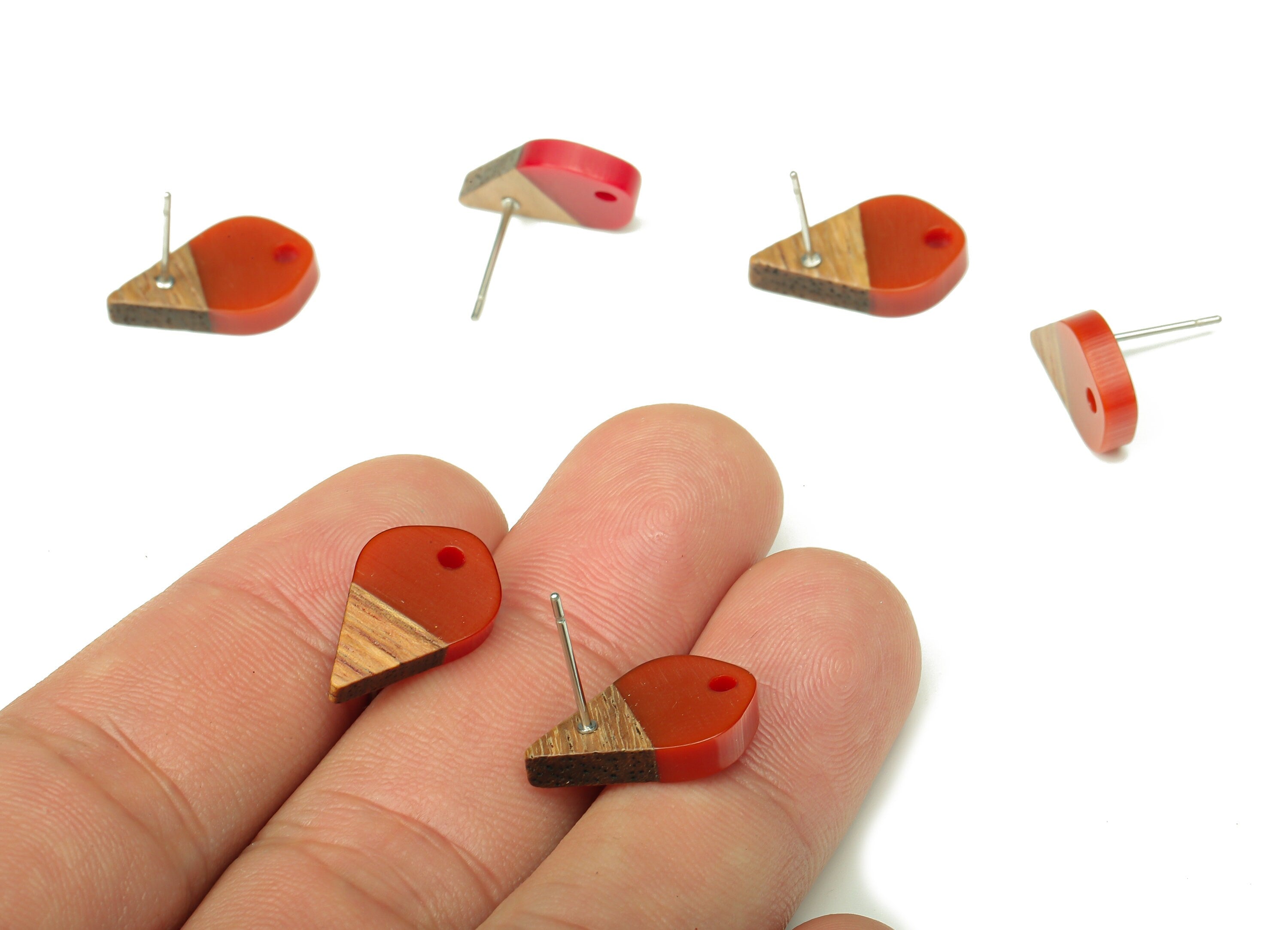 Natural Wooden Drop Earring Stud - Walnut Wood Red Resin Teardrop Earring Post - 316 Stainless Steel Stud - 17.76x10.96x2.73mm - BB1253B - DOMEDBAZAAR