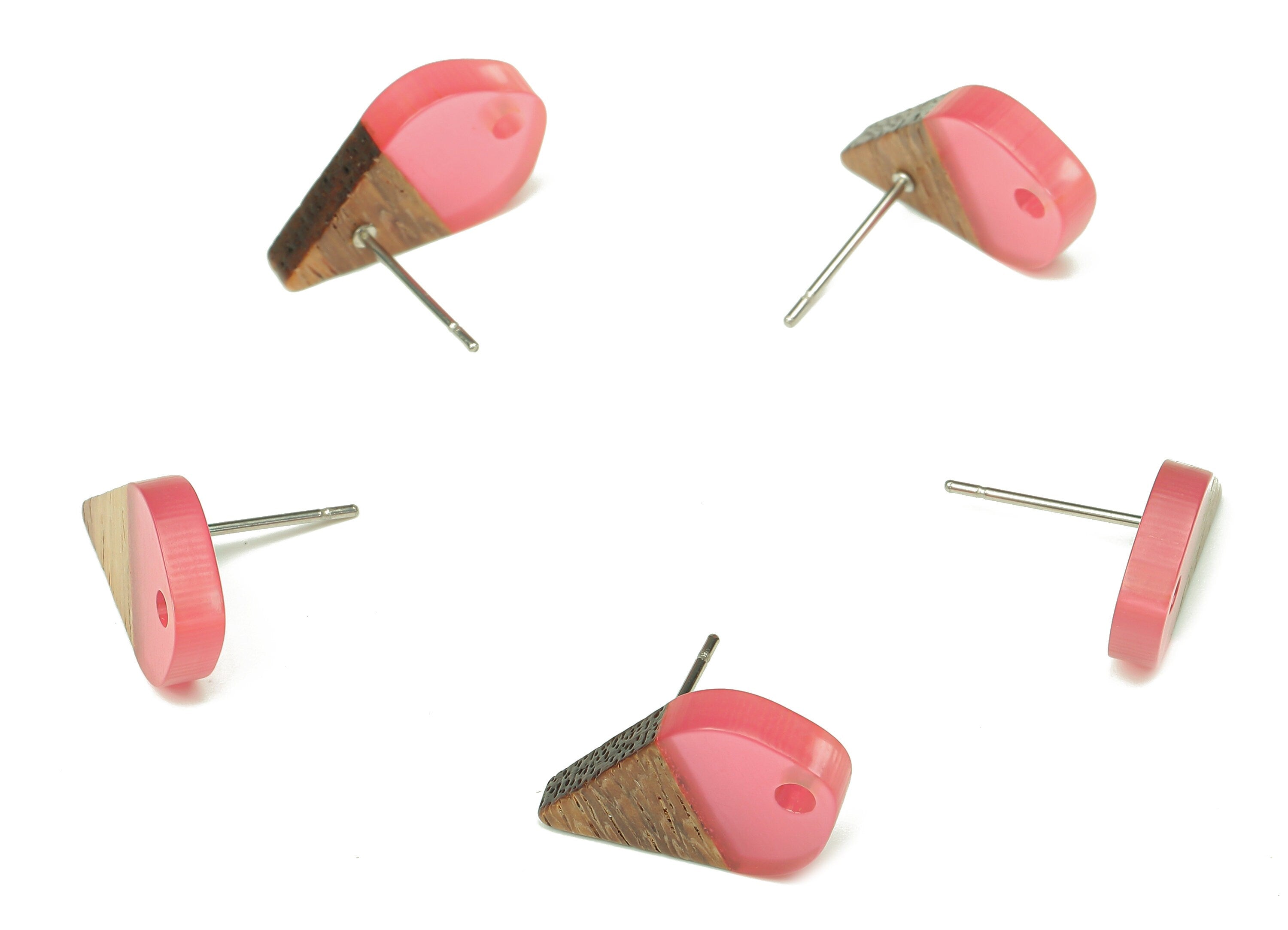 Natural Wooden Drop Earring Stud - Walnut Wood Pink Resin Teardrop Earring Post - 316 Stainless Steel Stud - 17.76x10.96x2.73mm - BB1253F - DOMEDBAZAAR