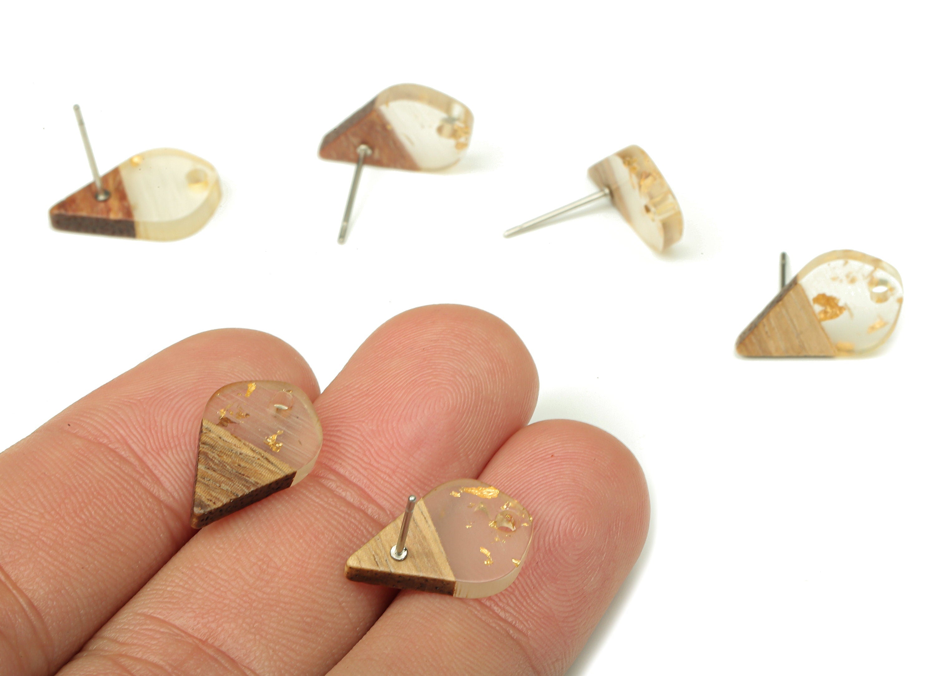 Natural Wooden Drop Earring Stud - Walnut Wood White Resin Teardrop Earring Post - 316 Stainless Steel Stud - 17.76x10.96x2.73mm - BB1253J - DOMEDBAZAAR