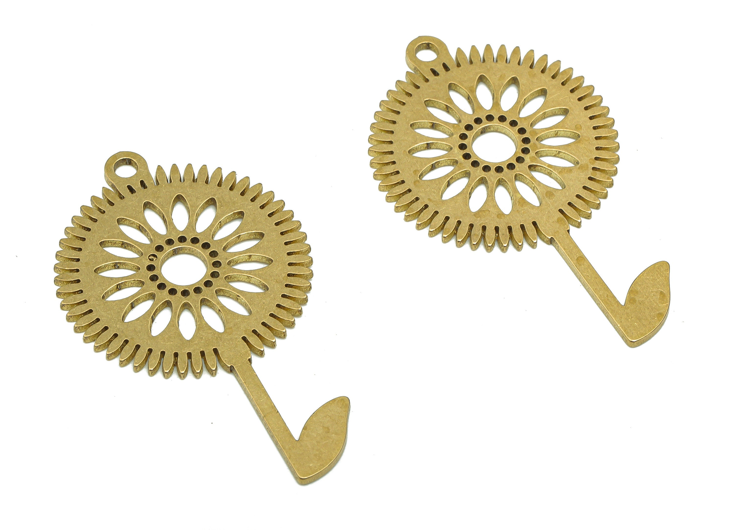 Brass Round Earring Charm - Raw Brass Cutout Earring - Circle Pendant With Loop - Sun Flower For Necklace - 37.93x22.44x0.87mm - PPA5407 - DOMEDBAZAAR