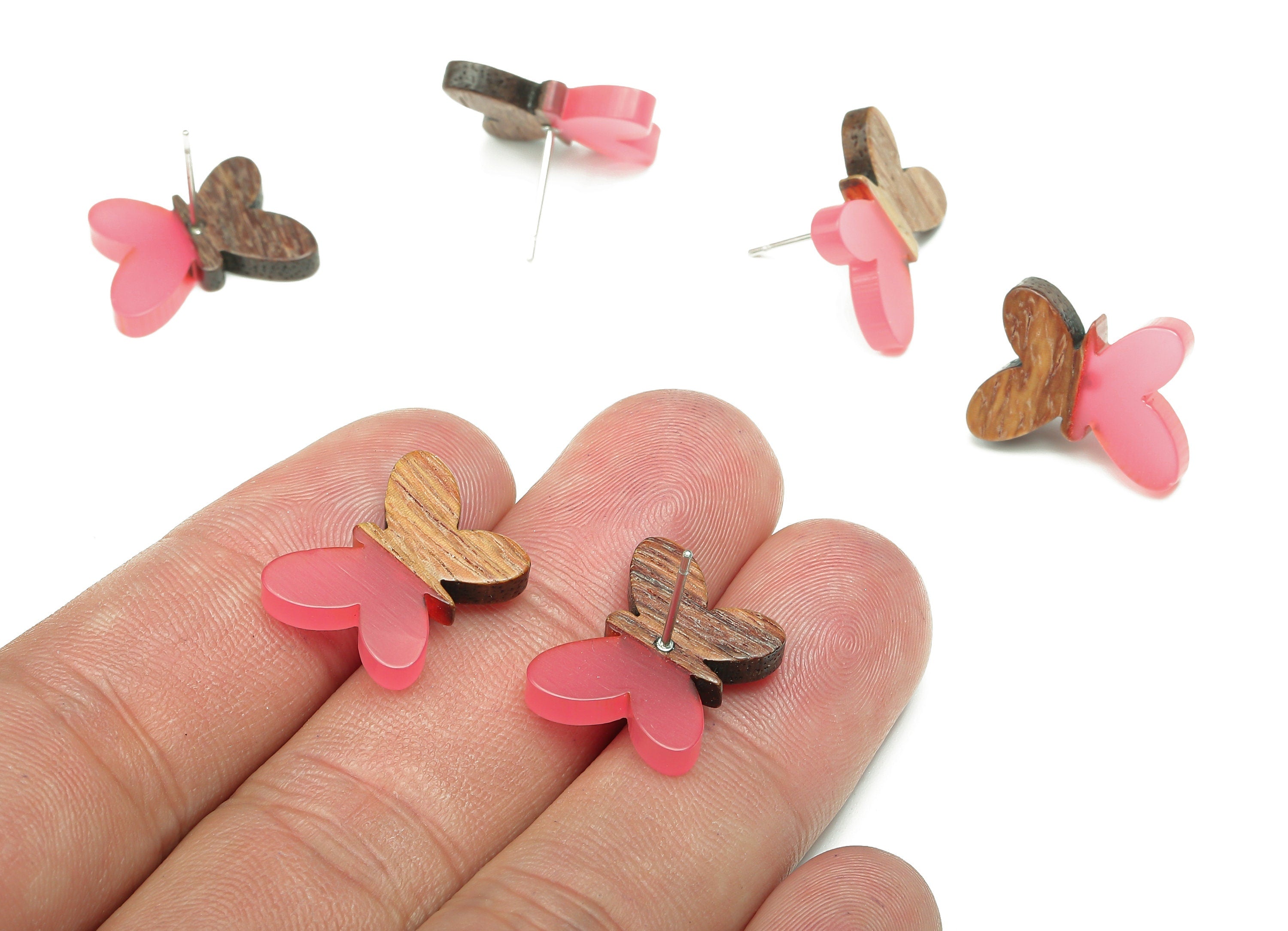 Natural Wooden Butterfly Earring Stud - Walnut Wood Pink Resin Earring Post - 316 Stainless Steel Stud - 18.13x13.48x3.17mm - BB1273B - DOMEDBAZAAR