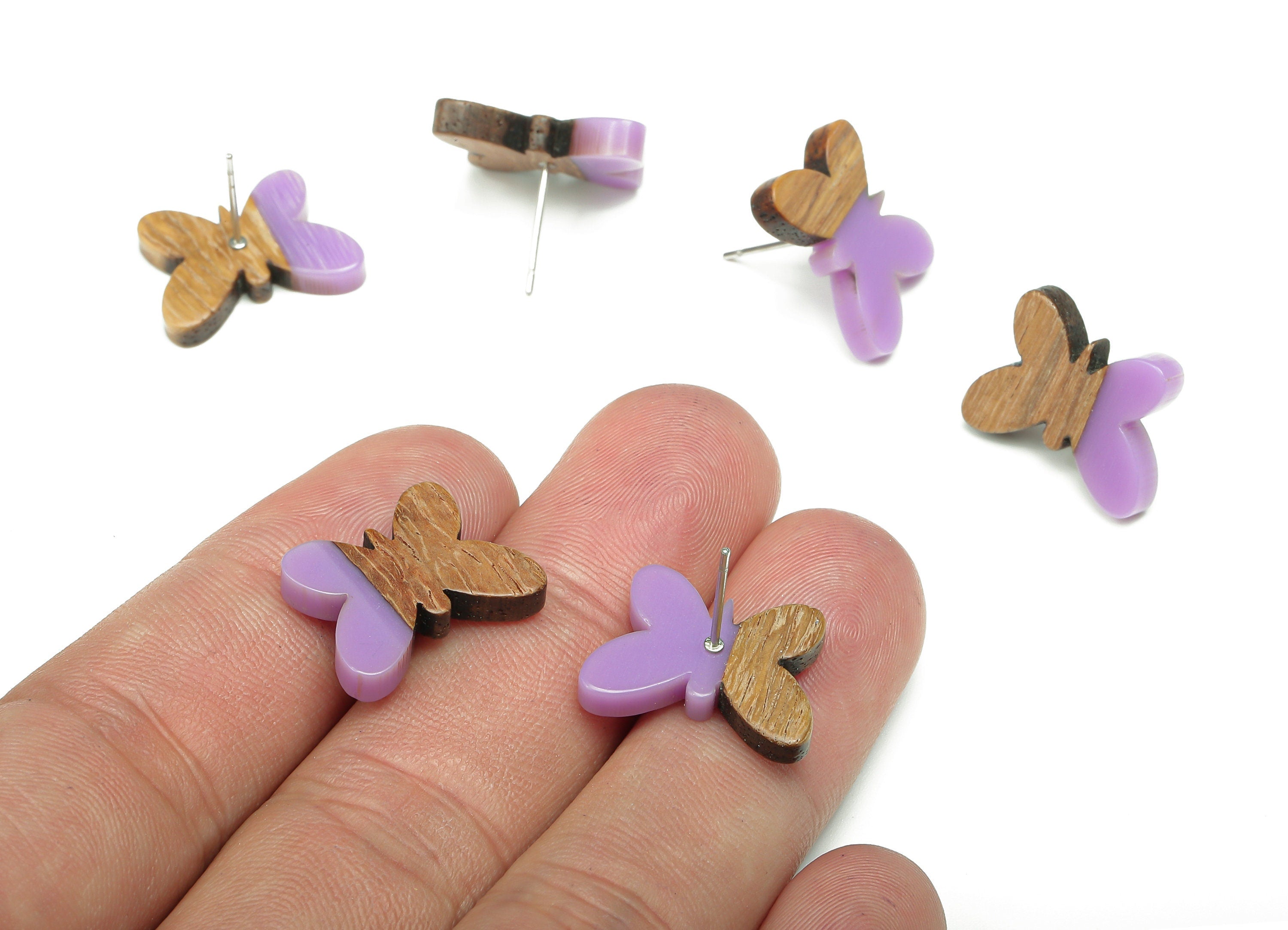 Natural Wooden Butterfly Earring Stud - Walnut Wood Purple Resin Earring Post - 316 Stainless Steel Stud - 18.13x13.48x3.17mm - BB1273C - DOMEDBAZAAR