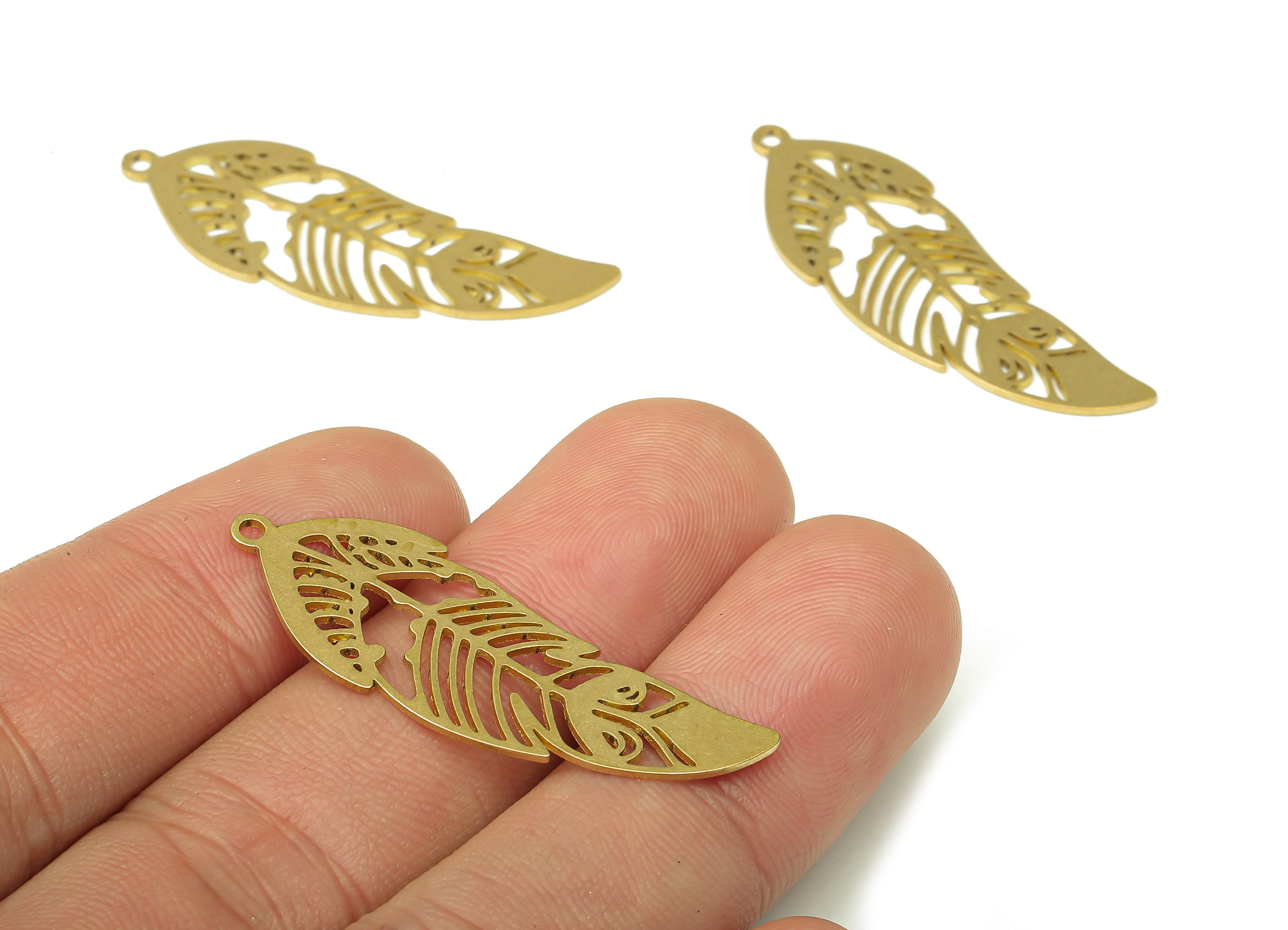 Brass Leaf Feather Earring Charms - Raw Brass Leaves Feather Cutout Pendant With Loop - Earring Findings - 39.91x13.81x0.64mm - PPA4382 - DOMEDBAZAAR