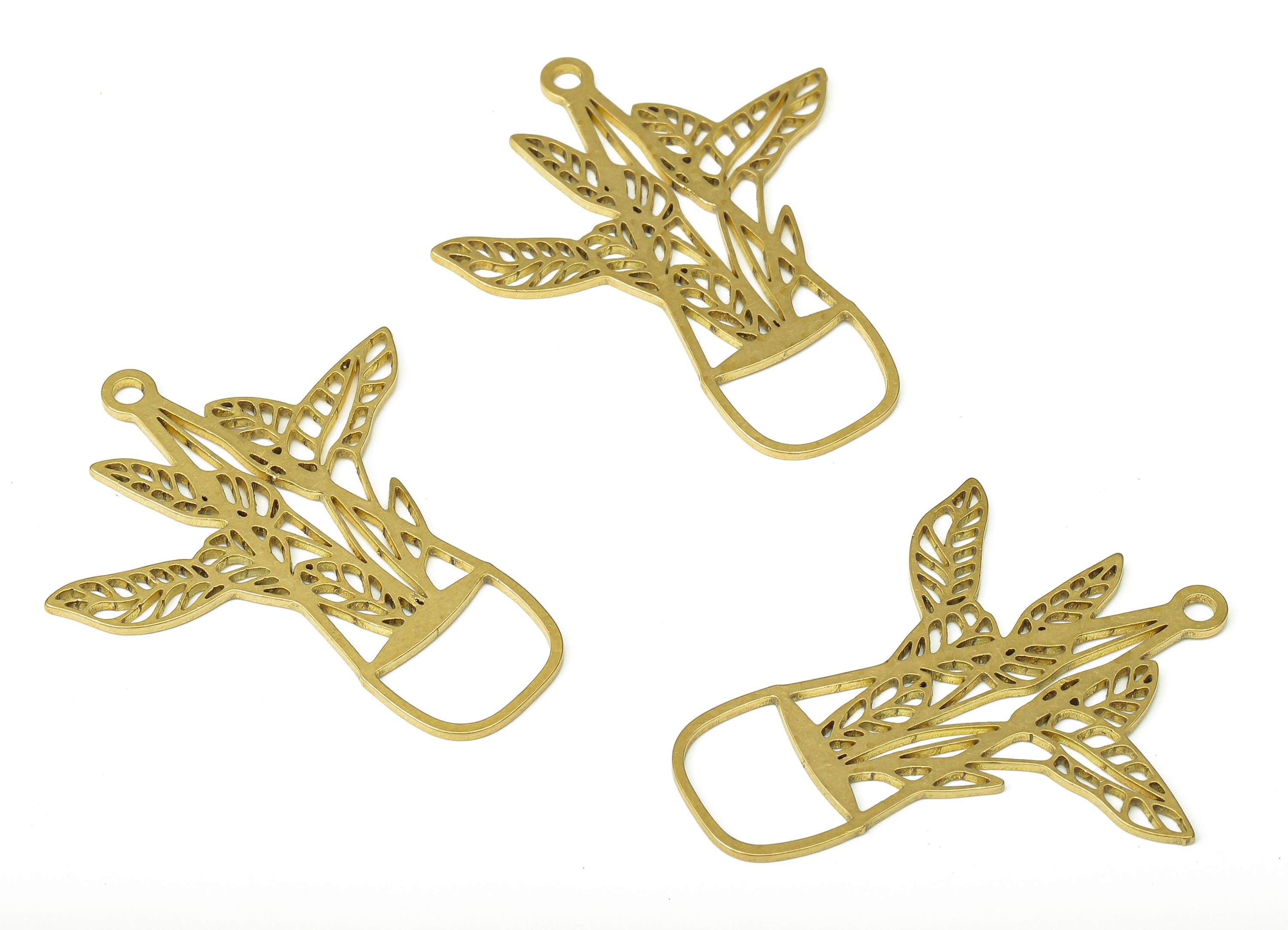 Brass Hanging Plant Earring Charm - Raw Brass Flower Pot Drop Cutout Pendant With Loop - Earring Finding - 39.6x32.7x0.85mm - PPA4399 - DOMEDBAZAAR