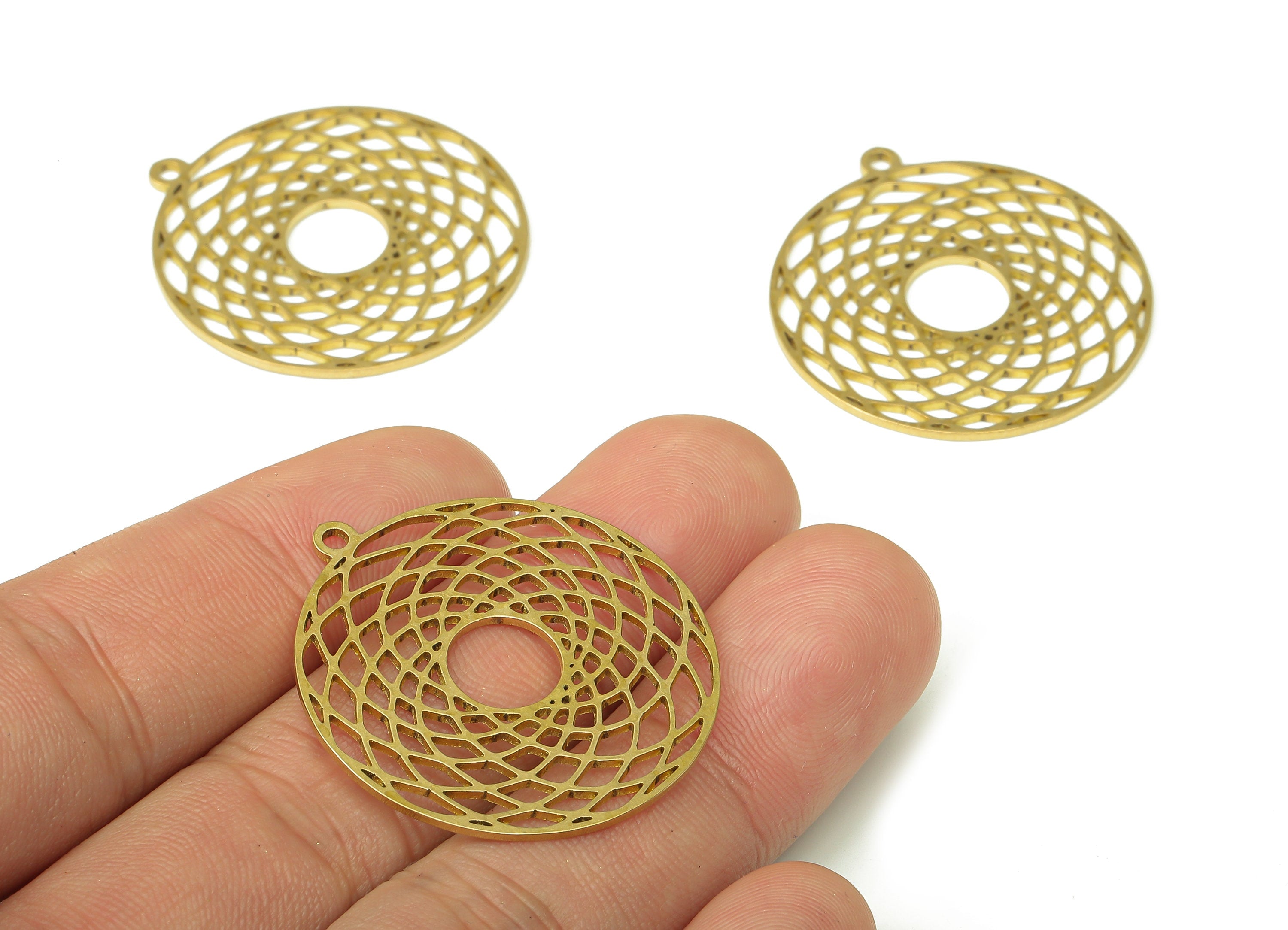 Brass Round Ponut Earring Charms - Raw Brass Circle Hollow Cutout Pendant With Loop - Earrings Finding - 34.75x31.9x0.86mm - PPA4494 - DOMEDBAZAAR