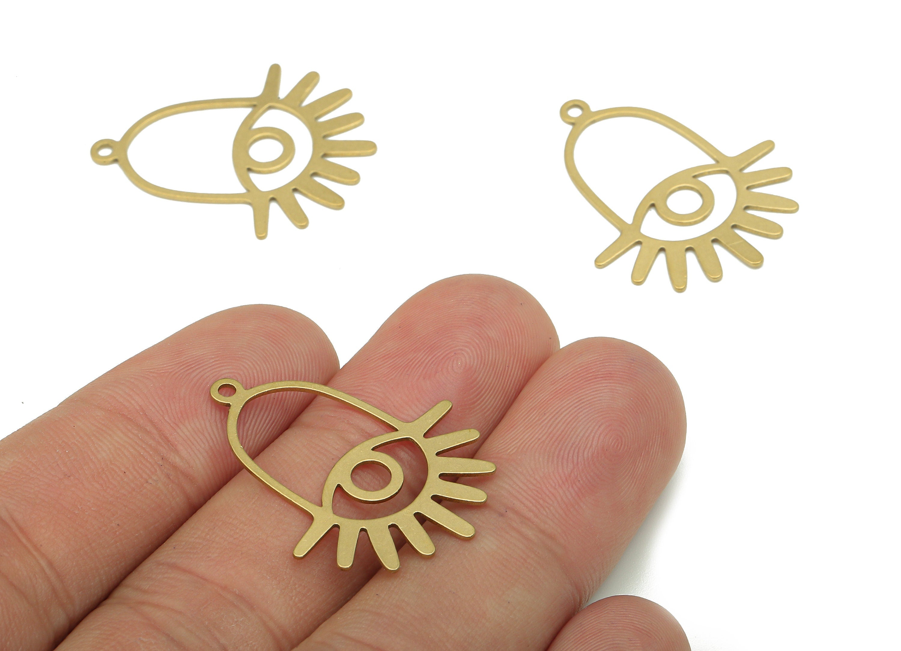 Brass Eye Bell Earring Charm - Raw Brass Eyelashes Earring - Sun Eye Pendant With Loop - Oval Charm For Necklace - 29.77x23.89x0.54mm-PP7966 - DOMEDBAZAAR