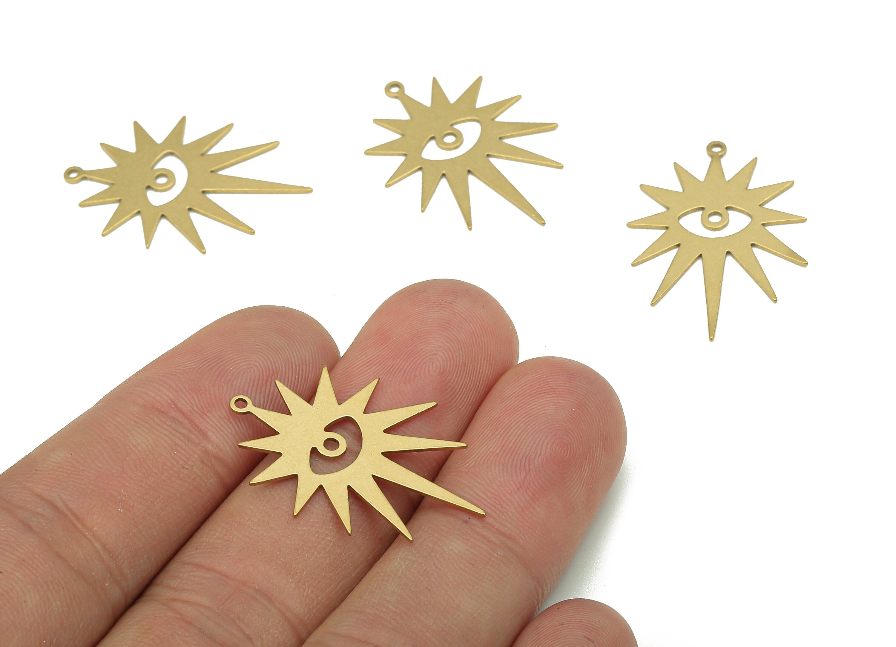 Brass Eye Earring Charm - Raw Brass Eyelashes Earring - Sun Eye Pendant With Loop - Sun Eye Charm For Necklace - 29.65x20.46x0.52mm-PP7967 - DOMEDBAZAAR