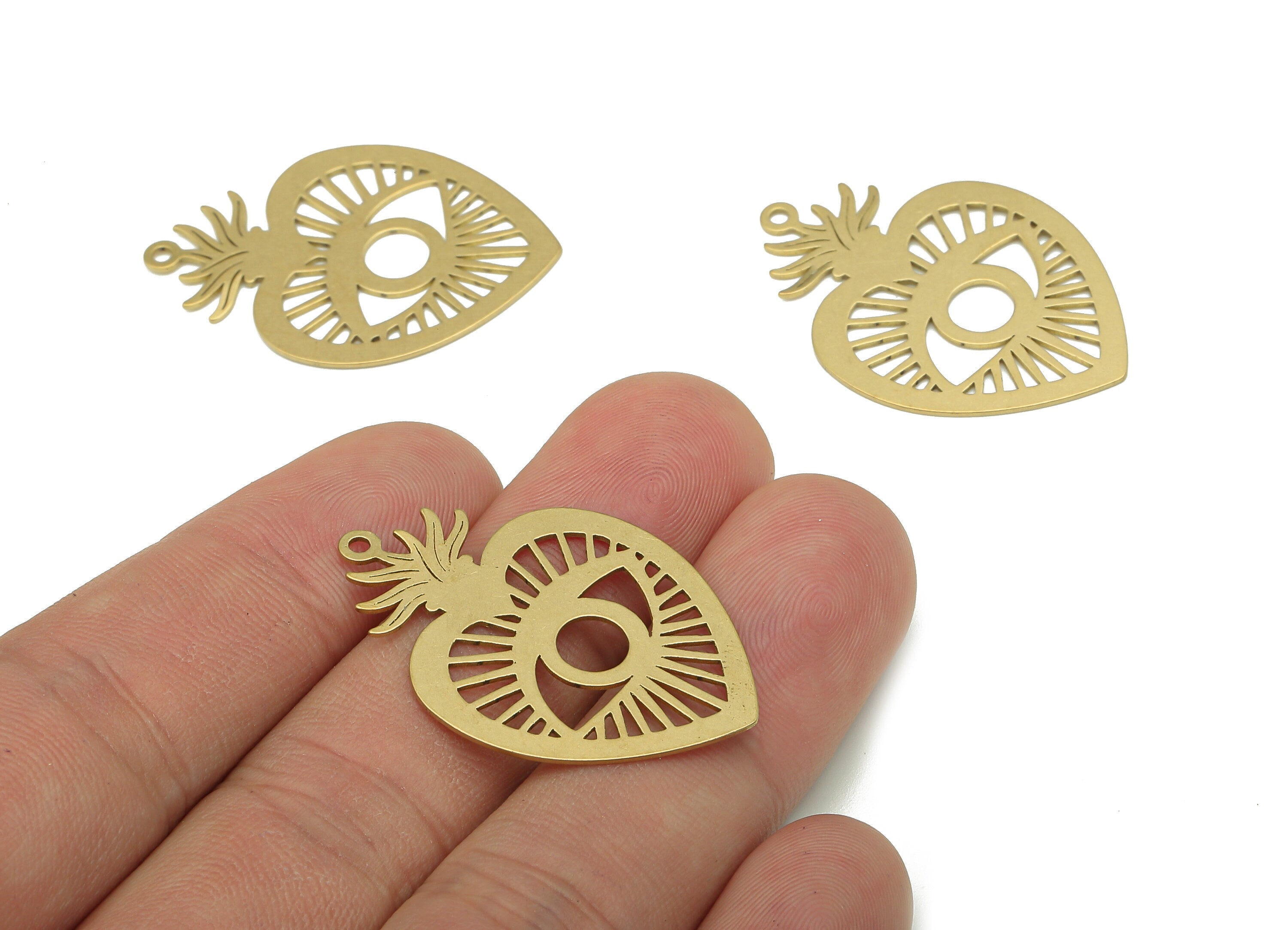 Brass Eye Earring Charm - Raw Brass Heart Earring - Sun Eye Pendant With Loop - Strawberry Charm For Necklace - 34.77x24.09x0.58mm - PP7970 - DOMEDBAZAAR