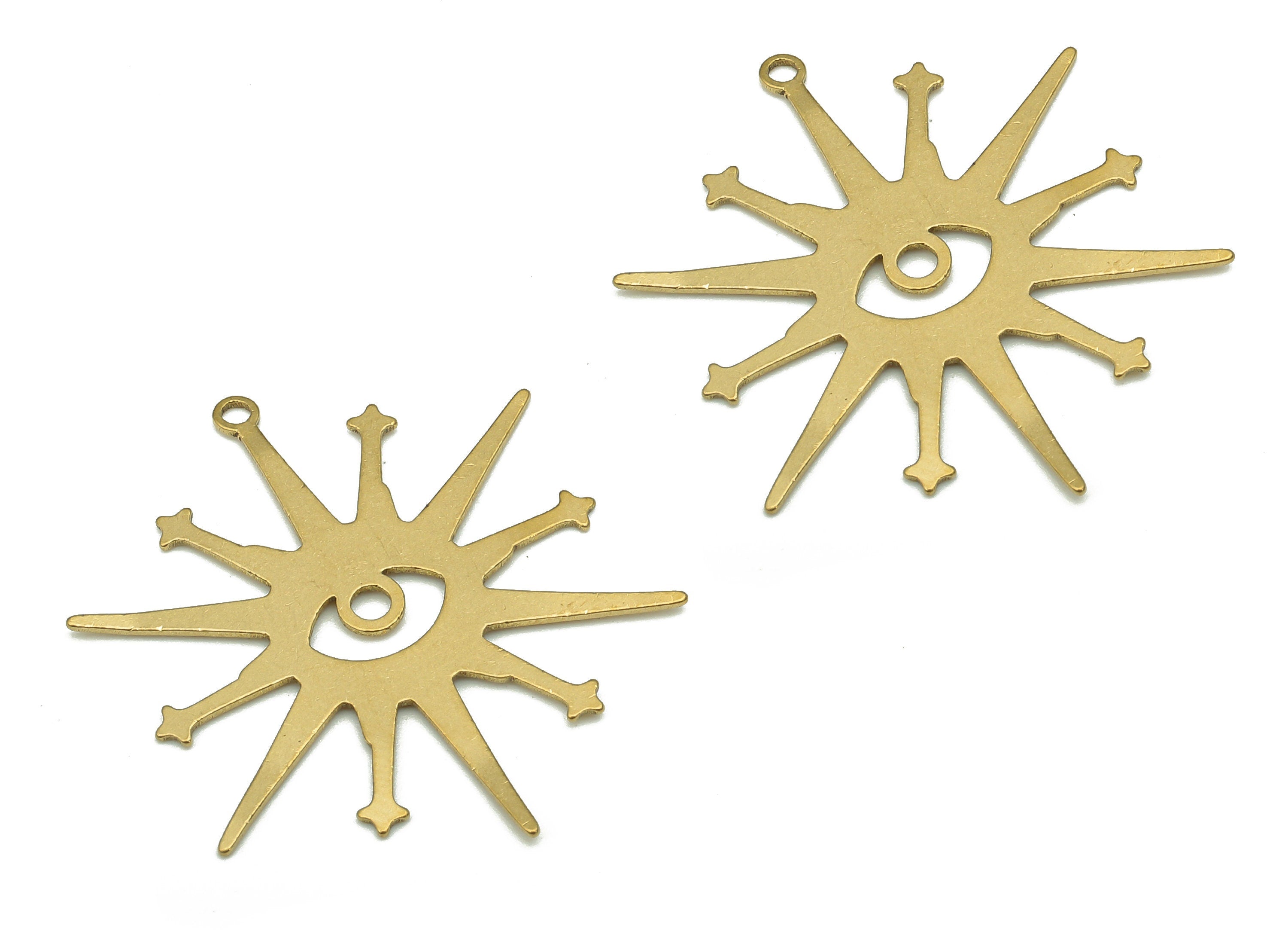 Brass Eye Earring Charm - Raw Brass Eyelashes Earring - Star Eye Pendant With Loop - Eye Charm For Necklace - 31.91x31.85x0.55mm-PP7972 - DOMEDBAZAAR