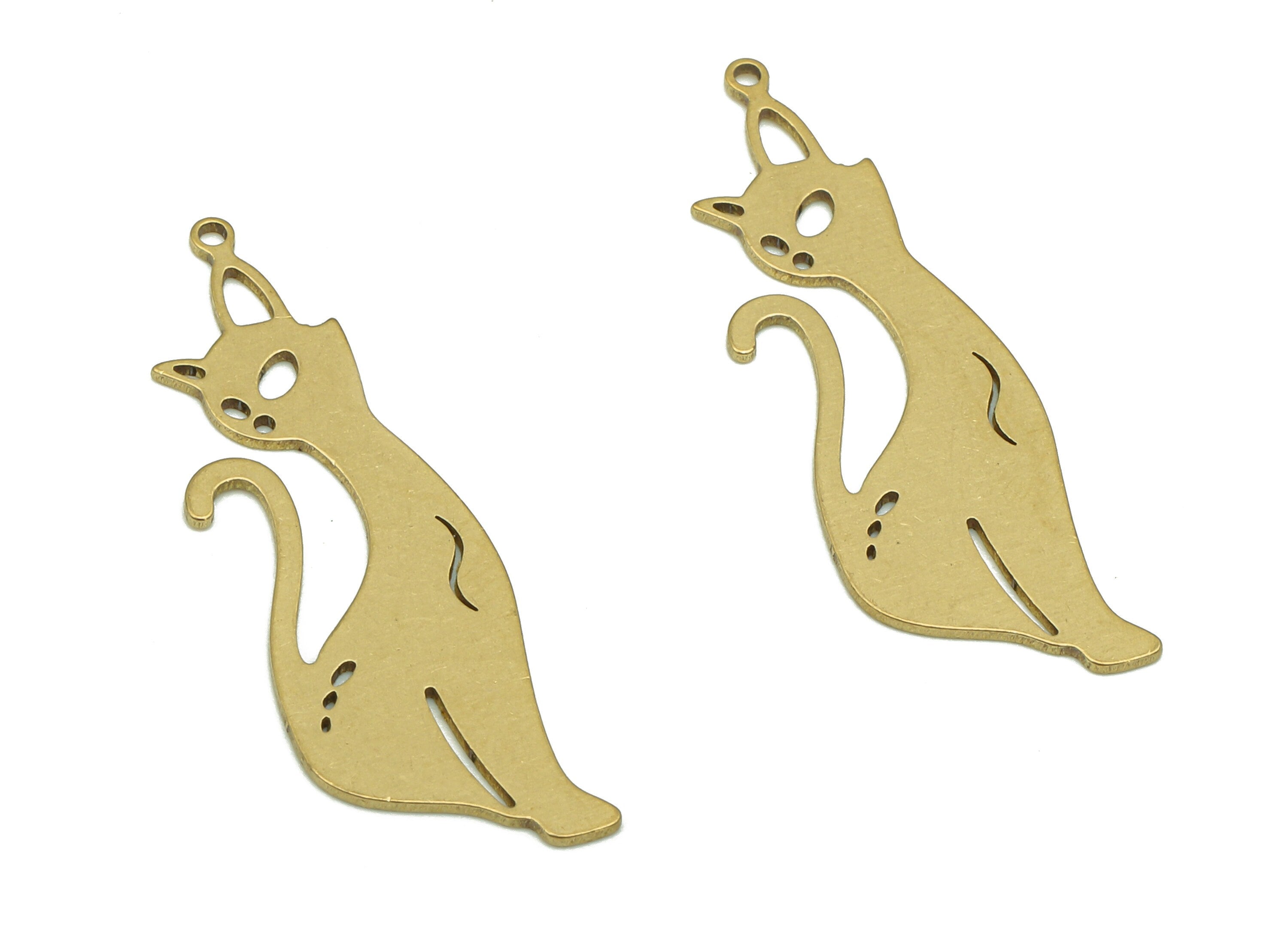 Brass Cat Earring Charm - Raw Brass Cat Earring - Cat Pendant With Loop - Cat Charm For Necklace - 29.91x9.73x0.53mm - PP7975 - DOMEDBAZAAR