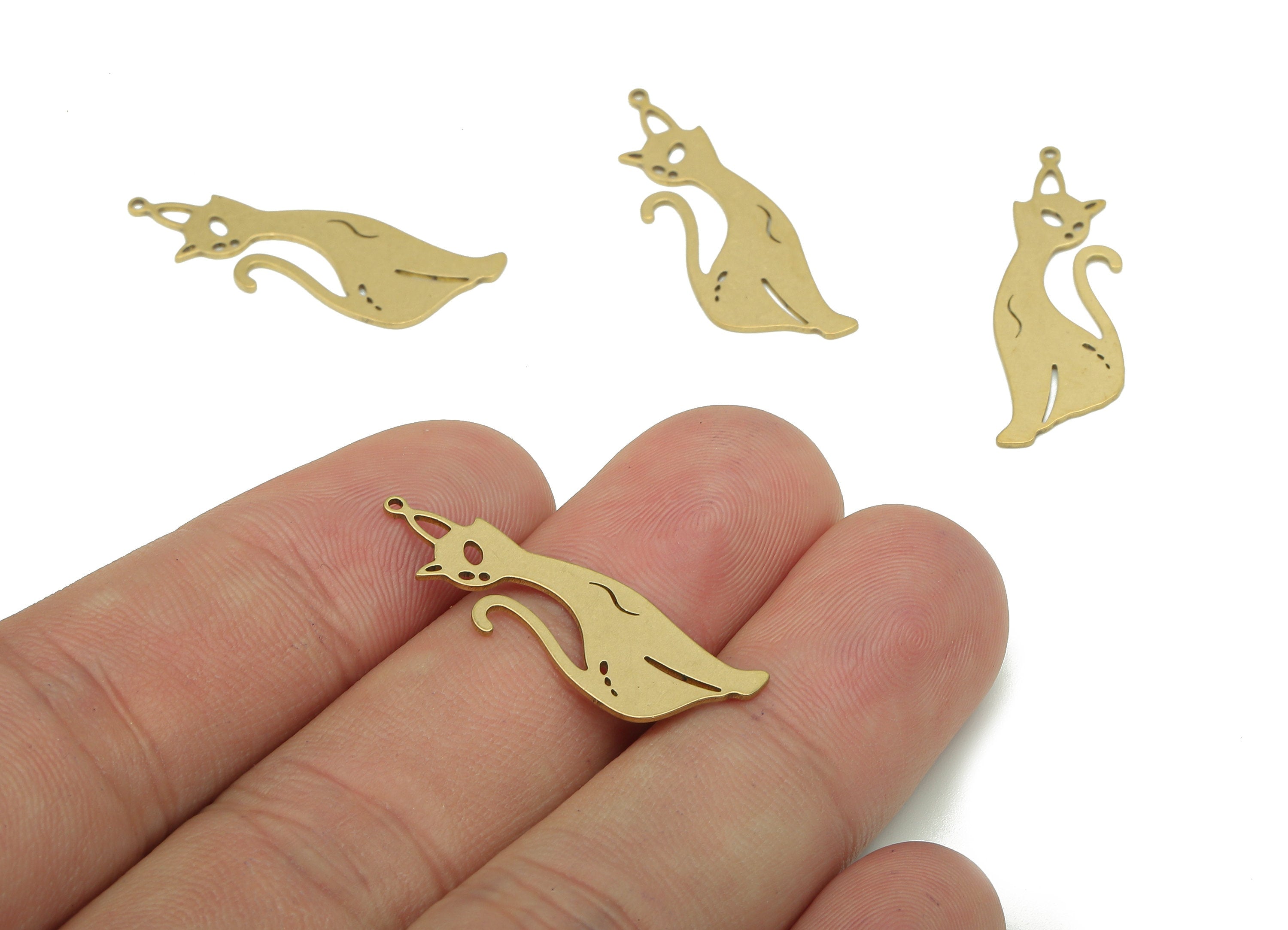 Brass Cat Earring Charm - Raw Brass Cat Earring - Cat Pendant With Loop - Cat Charm For Necklace - 29.91x9.73x0.53mm - PP7975 - DOMEDBAZAAR