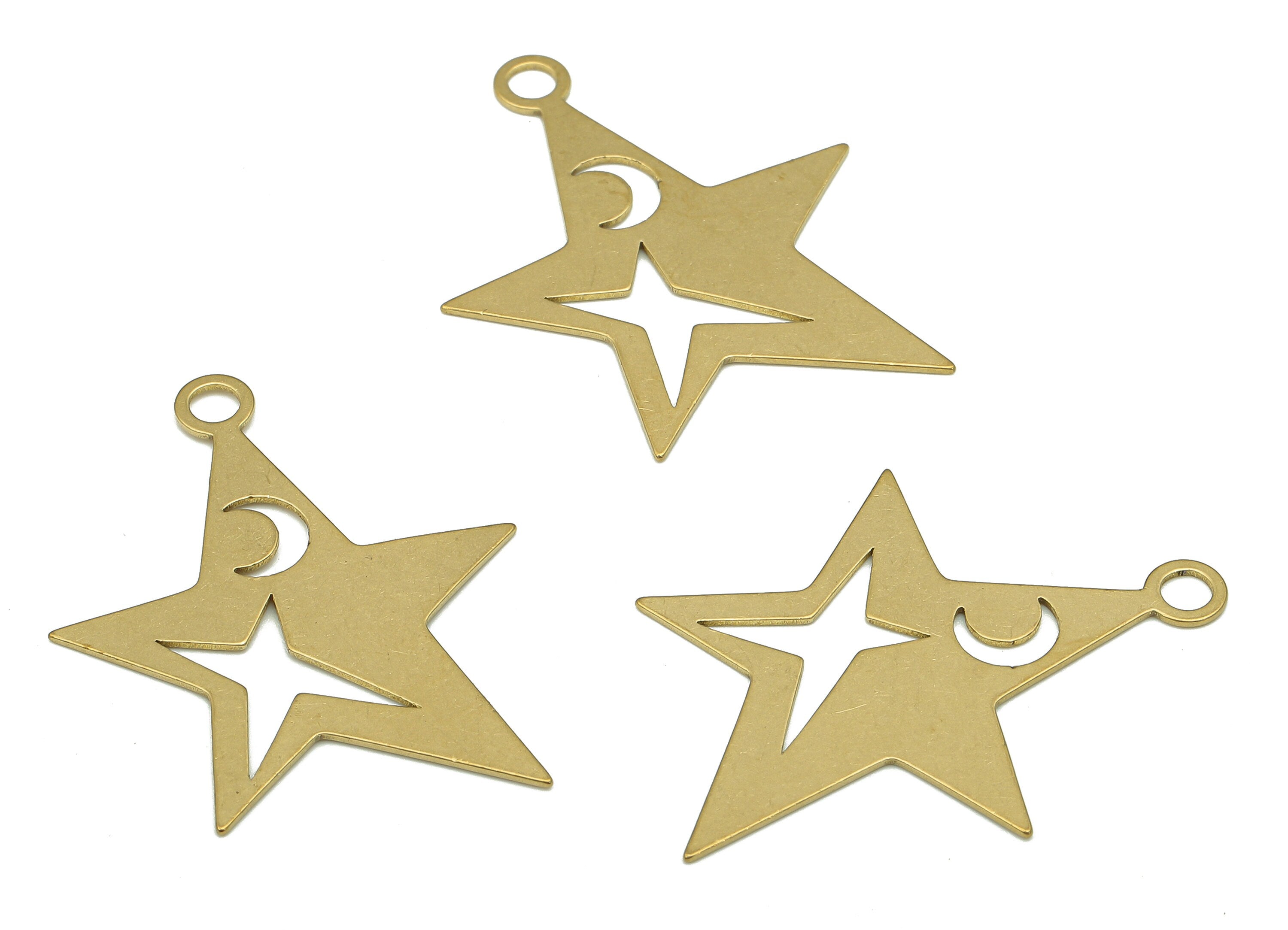 Brass Star Earring Charm - Raw Brass Moon Earring - Star Pendant With Loop - Star For Necklace - 34.97x26.83x0.56mm - PP7976 - DOMEDBAZAAR
