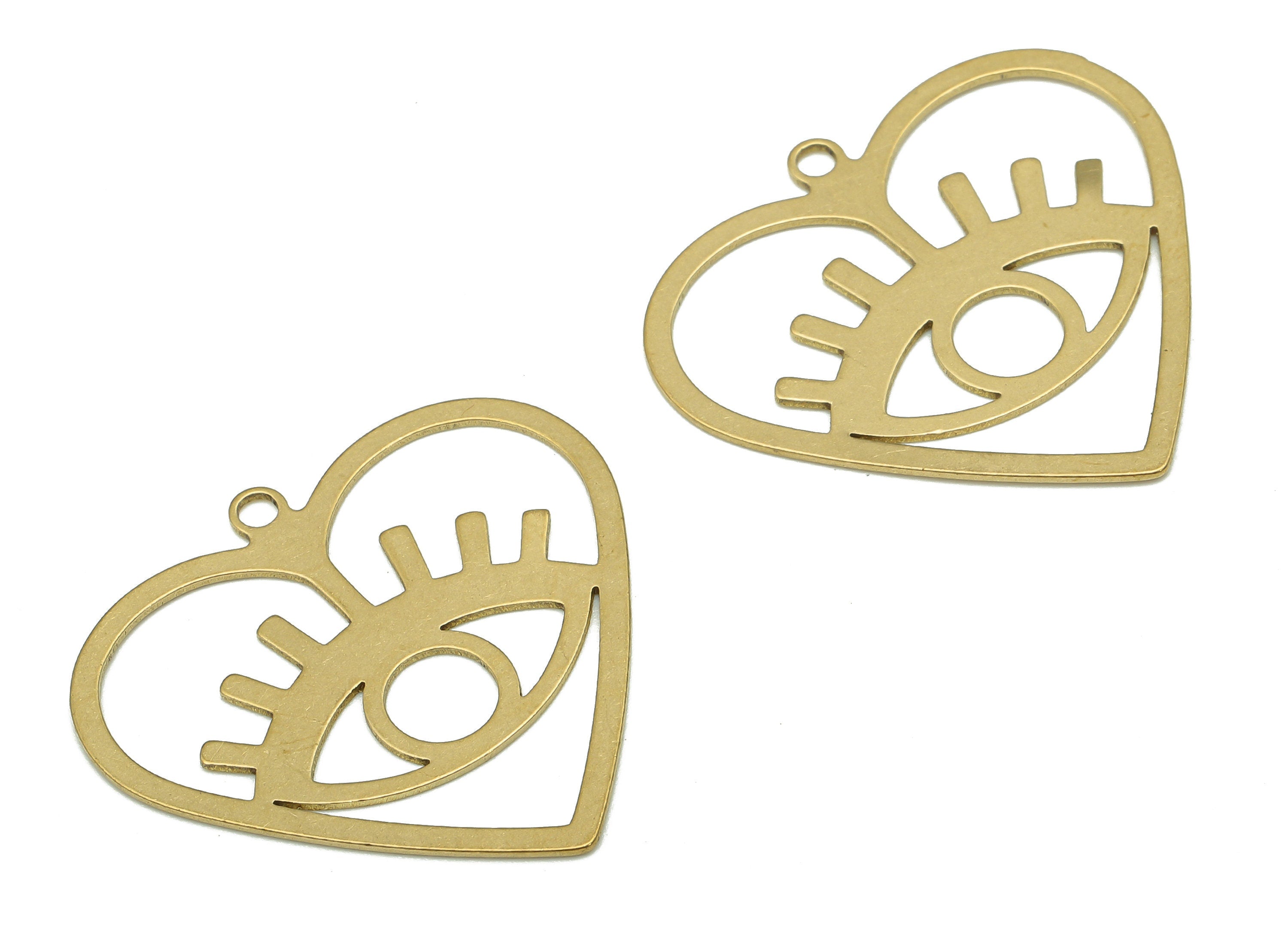 Brass Eye Earring Charm - Raw Brass Heart Earring - Sun Eye Pendant With Loop - Heart Charm For Necklace - 28.13x29.8x0.58mm - PP7977 - DOMEDBAZAAR