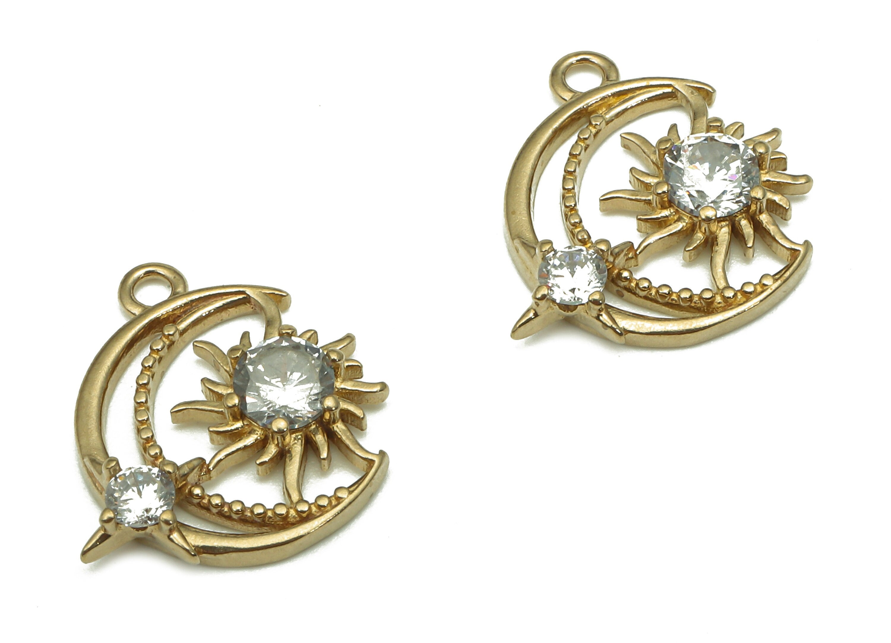 Brass Crescent Earring Charm - Raw Brass Earring With Zircon - Sun Pendant With Loop - Star Charm For Necklace - 15.16x14.86x2.92mm - PP7982 - DOMEDBAZAAR