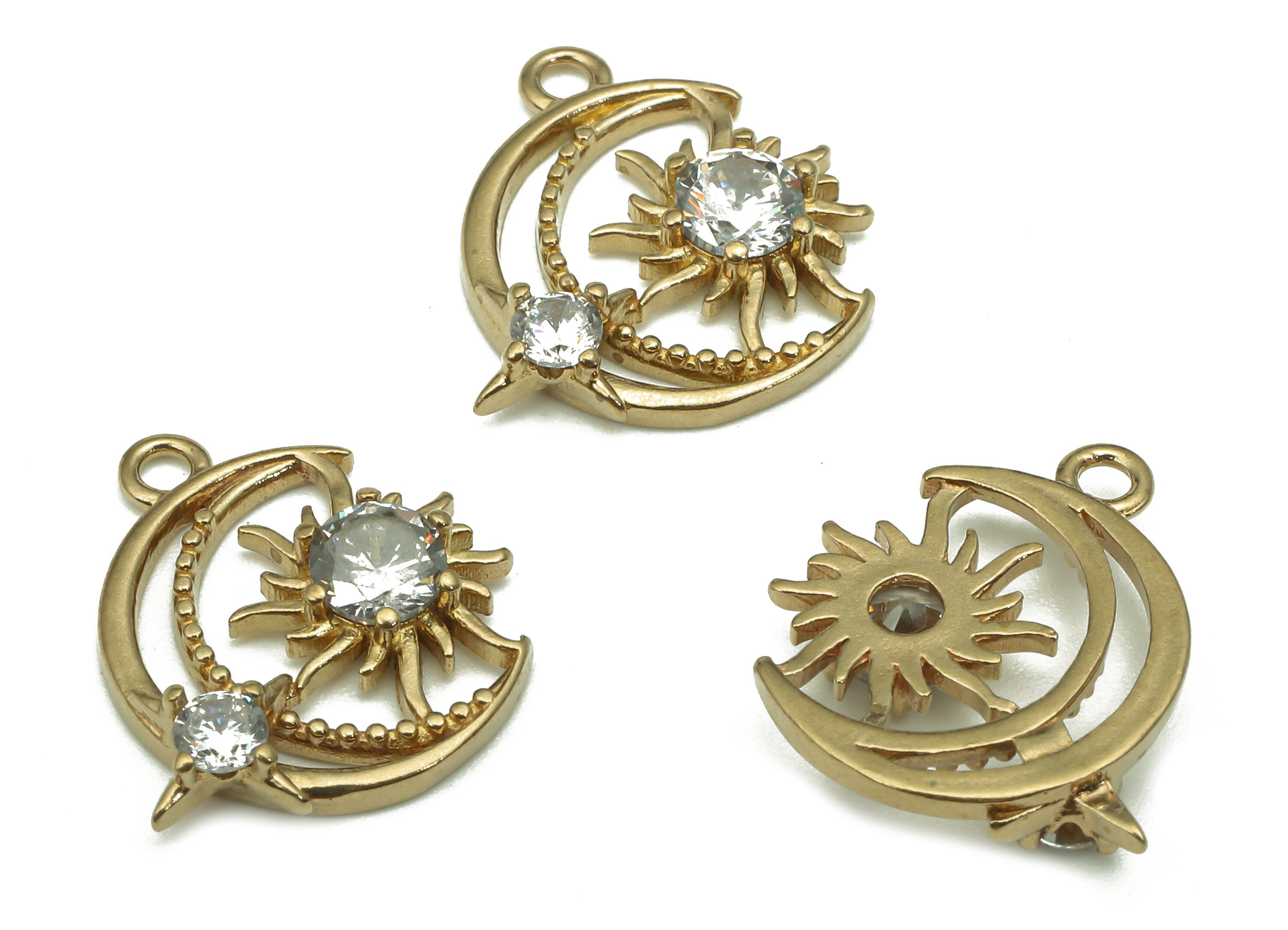 Brass Crescent Earring Charm - Raw Brass Earring With Zircon - Sun Pendant With Loop - Star Charm For Necklace - 15.16x14.86x2.92mm - PP7982 - DOMEDBAZAAR