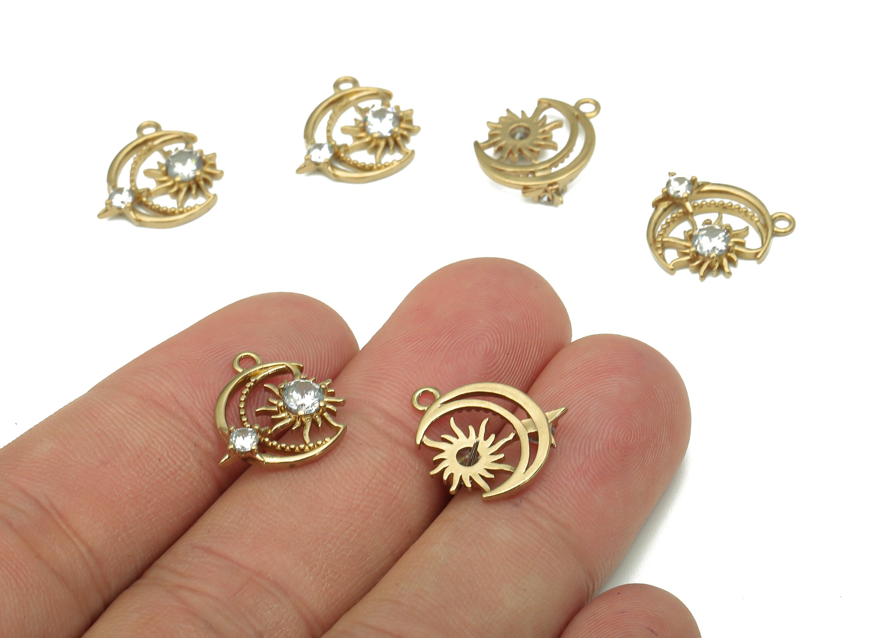 Brass Crescent Earring Charm - Raw Brass Earring With Zircon - Sun Pendant With Loop - Star Charm For Necklace - 15.16x14.86x2.92mm - PP7982 - DOMEDBAZAAR