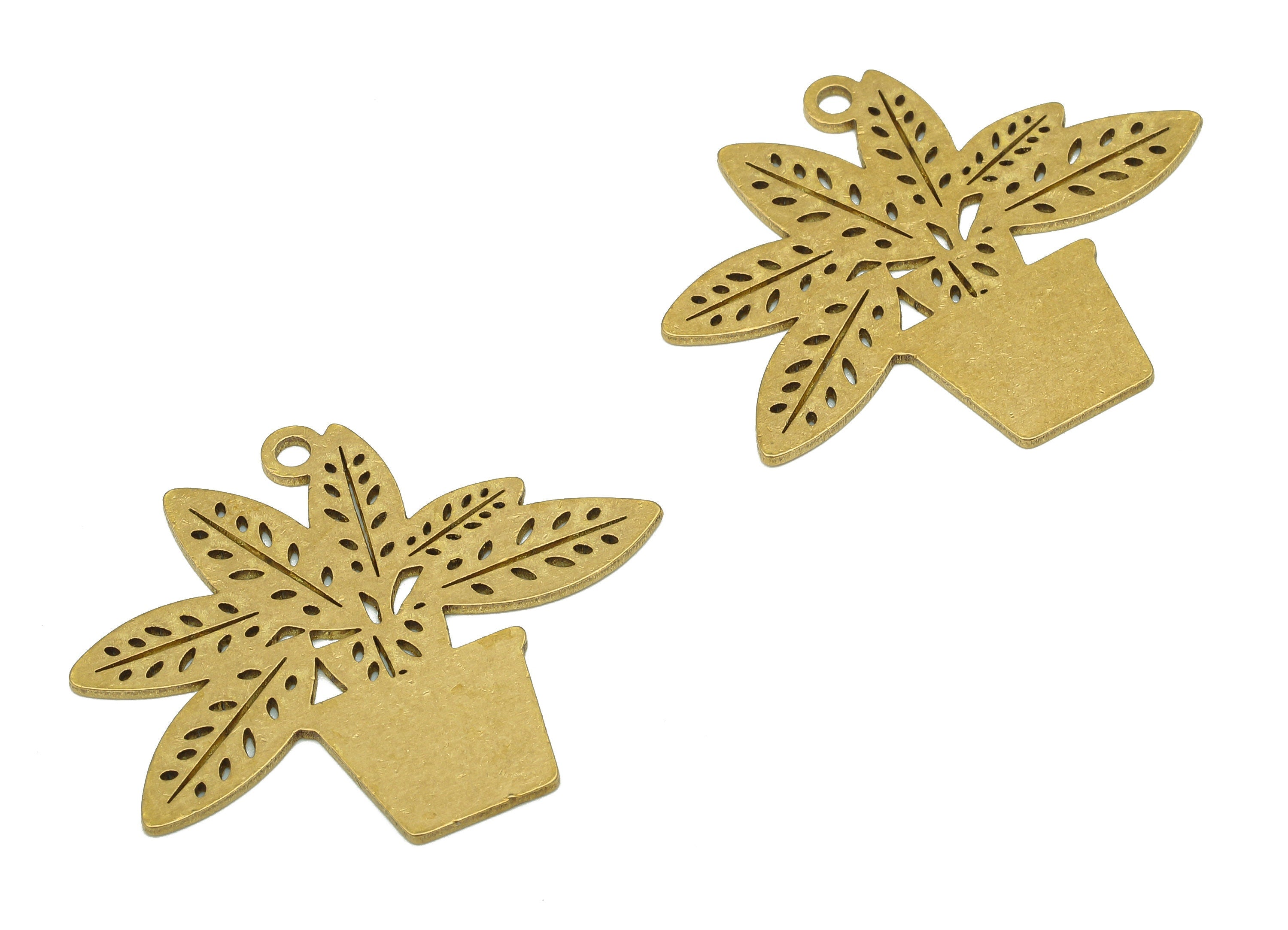 Brass Flower Pot Earring Charm - Raw Brass Pot Earring - Botanical Pendant With Loop - Flower Charm For Necklace - 36.1x30.1x0.9mm - PPA5488 - DOMEDBAZAAR
