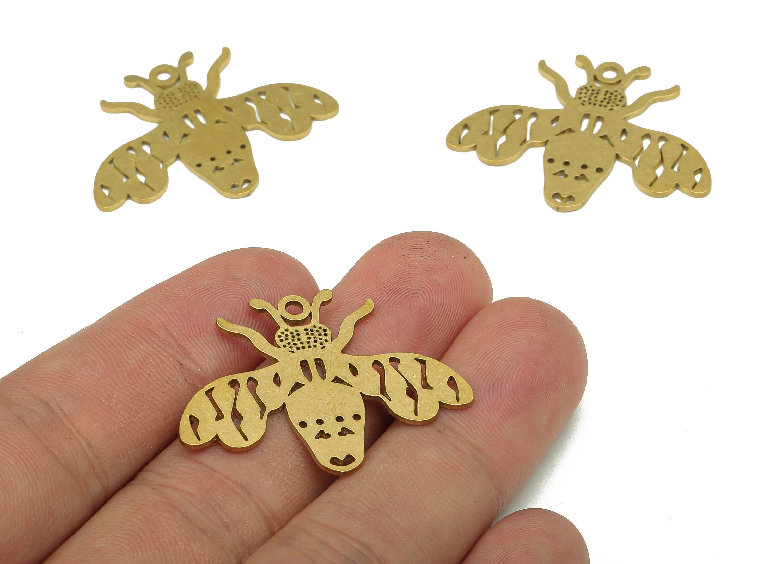 Brass Bee Earring Charm - Raw Brass Cutout Earring - Bee Pendant With Loop - Insect Charm For Necklace - 24.84x26.66x0.89mm - PPA5595 - DOMEDBAZAAR