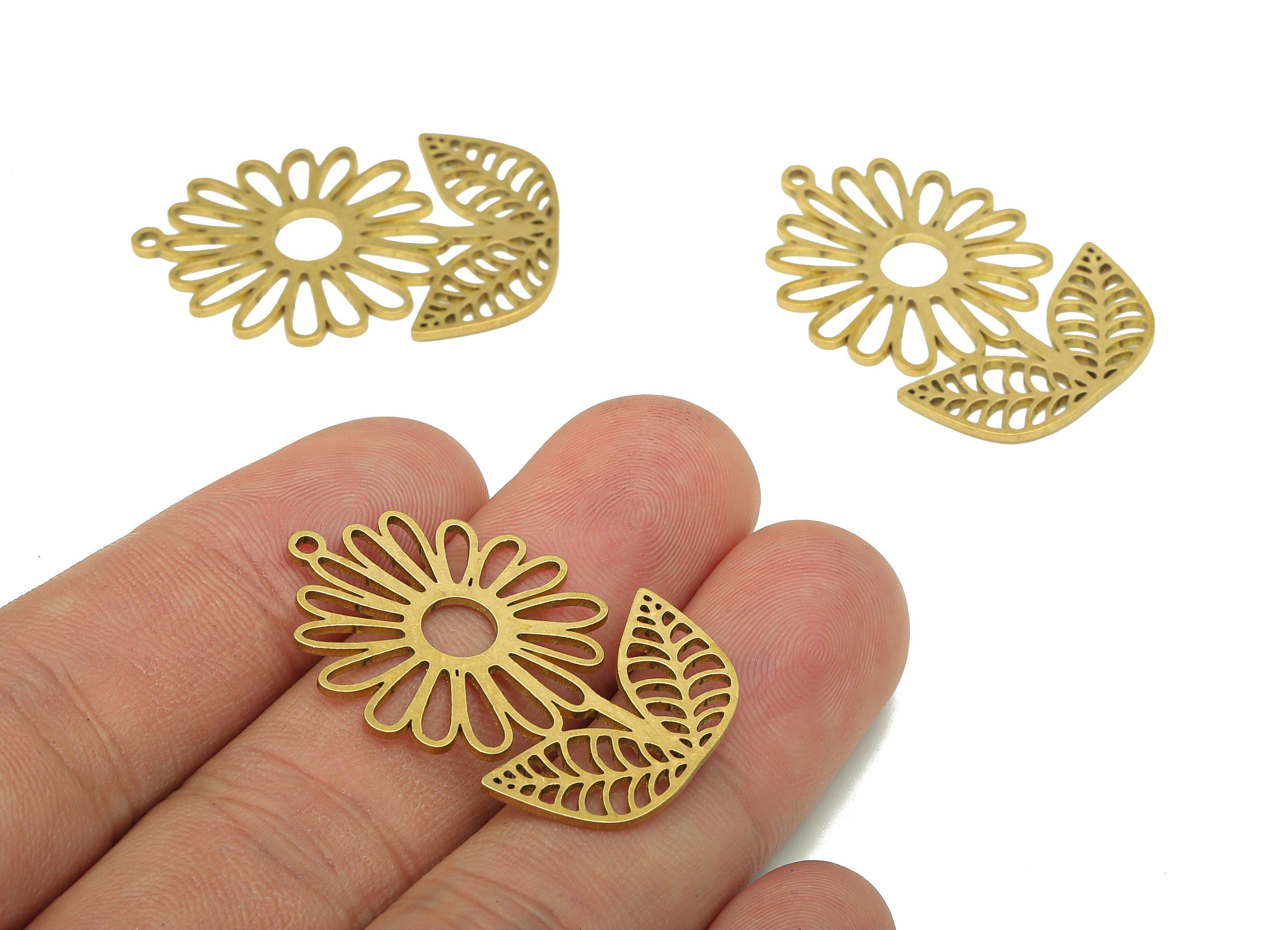 Brass Flower Charms - Raw Brass Cutout Earring - Botanical Pendant With Loop - Flower & Leaf Charm For Necklace - 35.4x22.8x0.8mm - PPA5787 - DOMEDBAZAAR