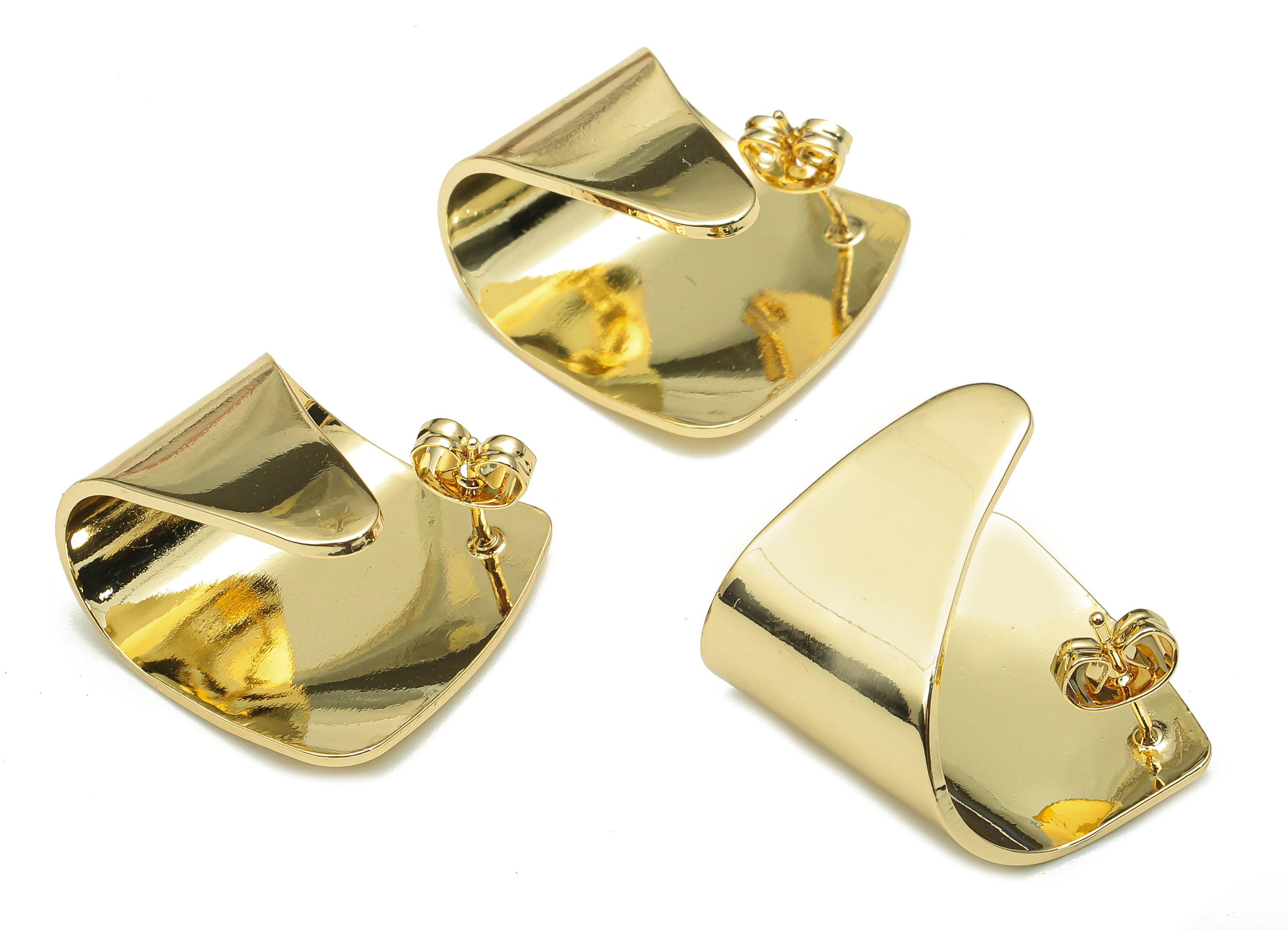 Brass Curved Triangle Earring Posts - Gold Bent Earring Stud - Stainless Steel Stud - 18K Real Gold Plating - 22.45x16.94x1.37mm - RGP5242 - DOMEDBAZAAR