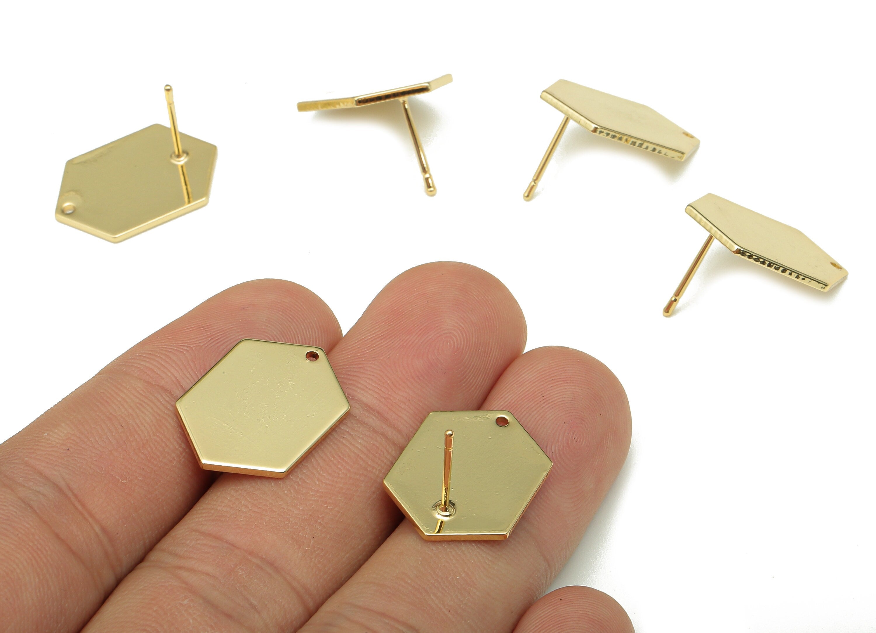 Brass Hexagon Earring Posts - Hexagon Earring Stud - Stainless Steel Stud - 18K Real Gold Plating - 20.7x14.32x1.13mm - RGP5243 - DOMEDBAZAAR