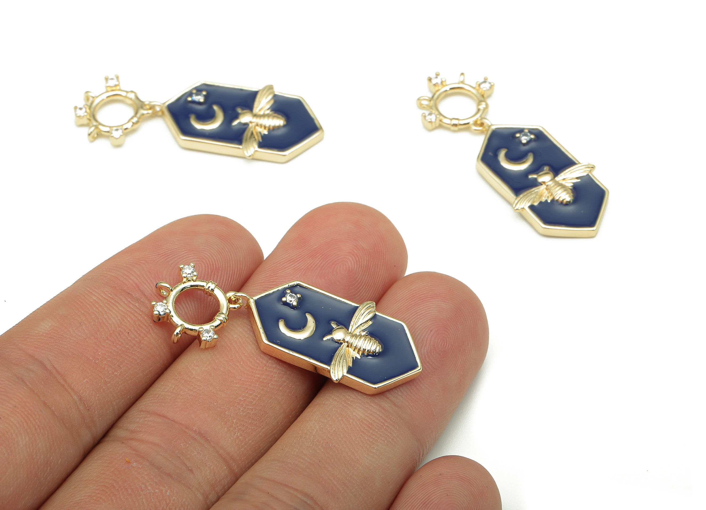 Brass Bee Hexagon Enamel Charm - Moon Circle Earring With Zircon - Round Pendant With Loop - 18K Real Gold Plating - 37.7x14.5x1.9mm-RGP5247 - DOMEDBAZAAR