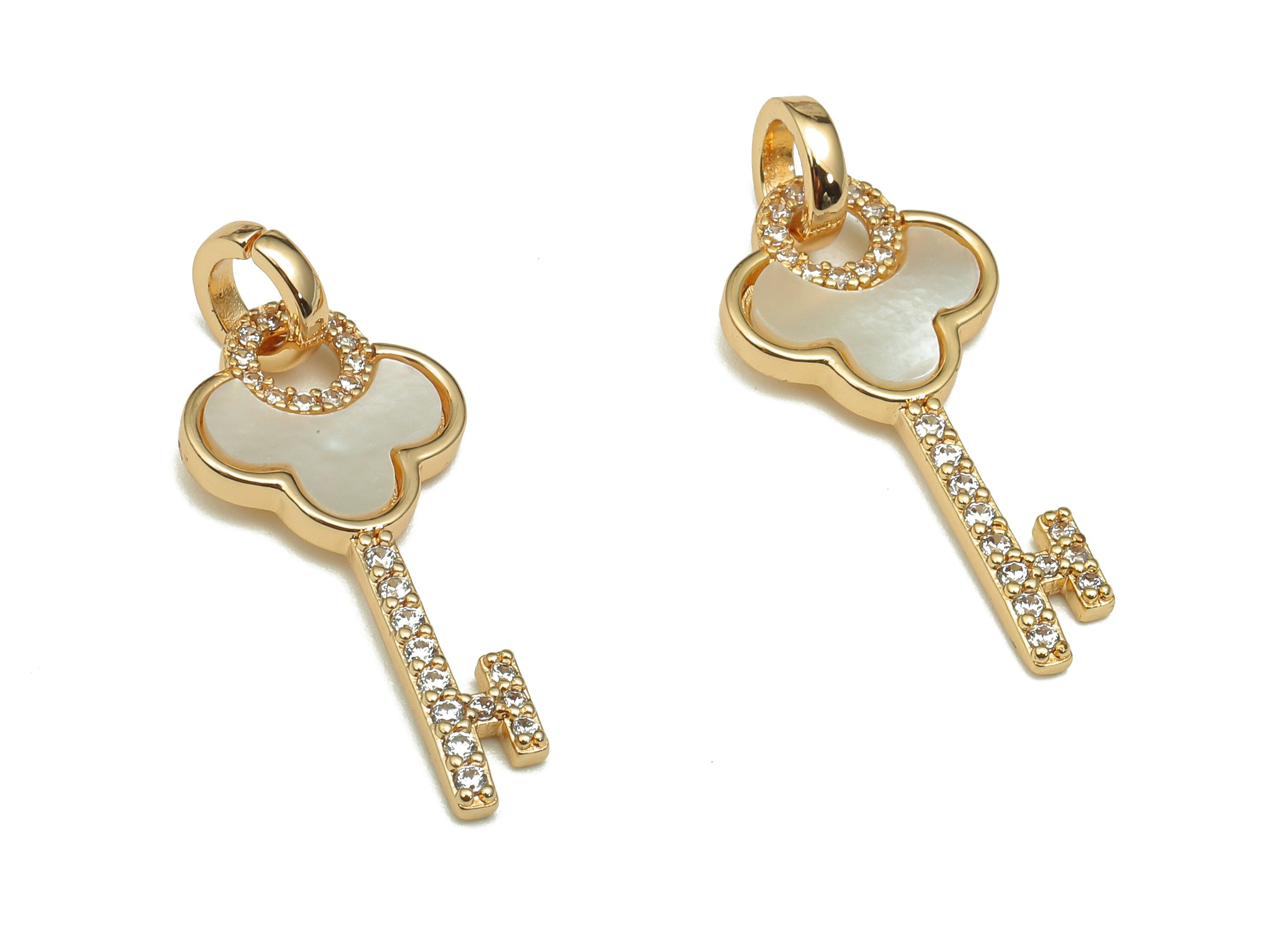 Brass Key Shell Charm - Zircon Paved Cloud Key Pendant - For Necklace - For Bracelet - 18K Real Gold Plating - 26.9x11.5x1.6mm - RGP5248 - DOMEDBAZAAR